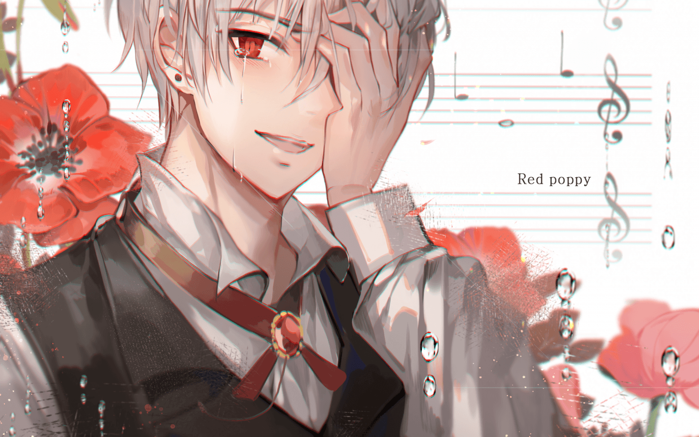 Download 1440x900 Anime Boy, Crying, Red Eye, Tears, White Hair