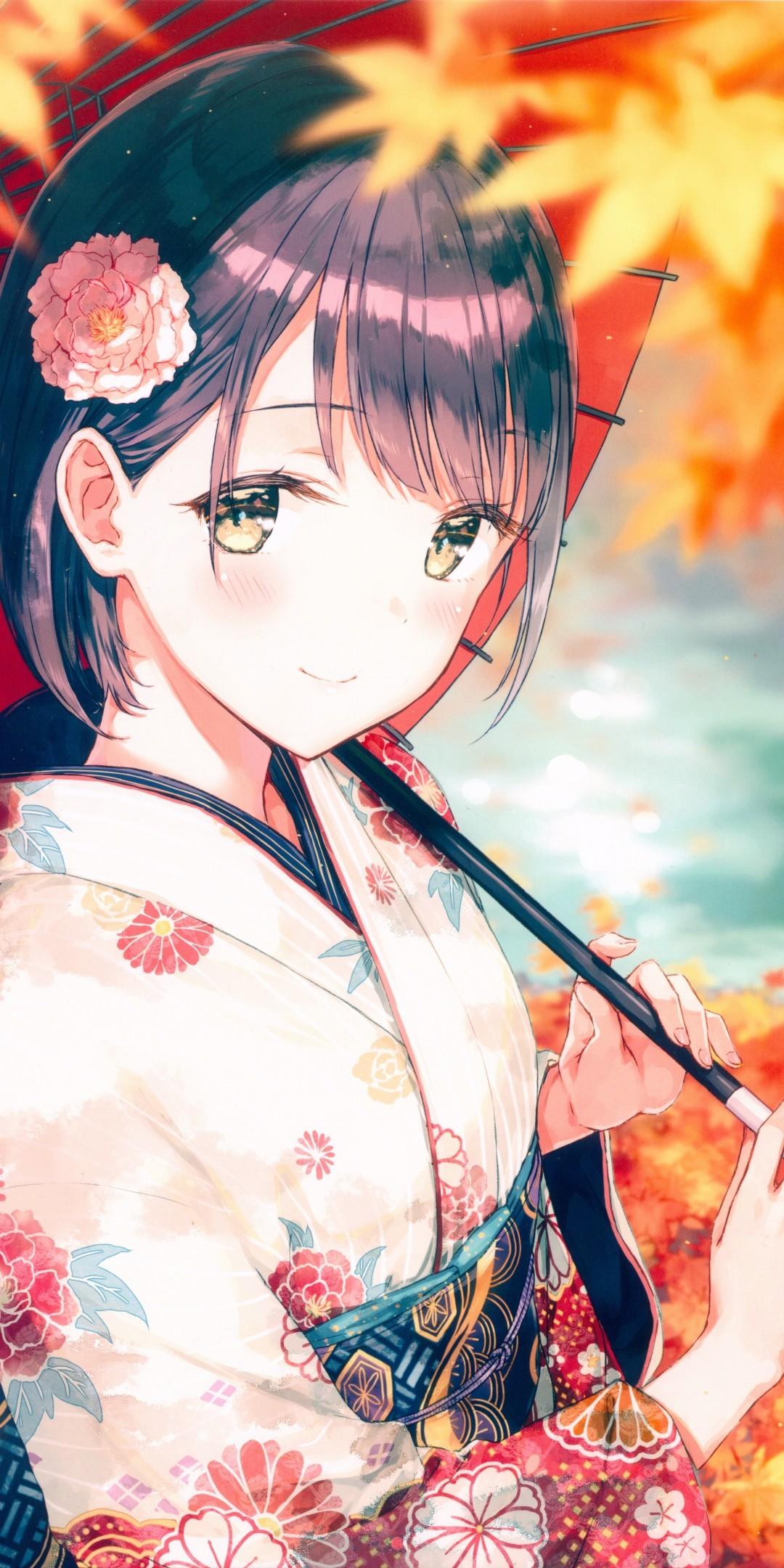 Download 1080x2160 Anime Girl, Kimono, Autumn, Leaves, Short Hair
