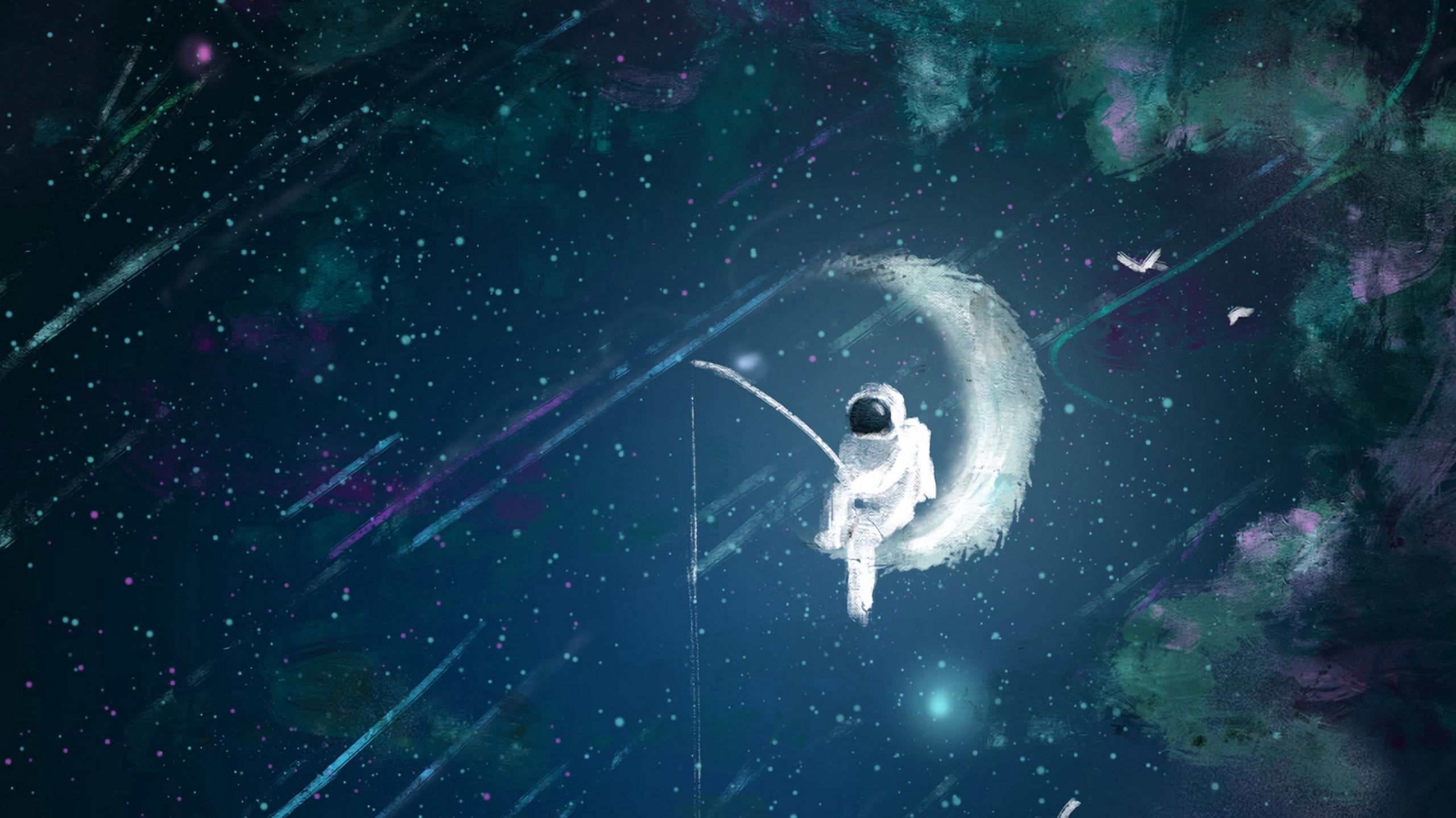 Download wallpaper 2560x1440 astronaut, moon, fishing, art