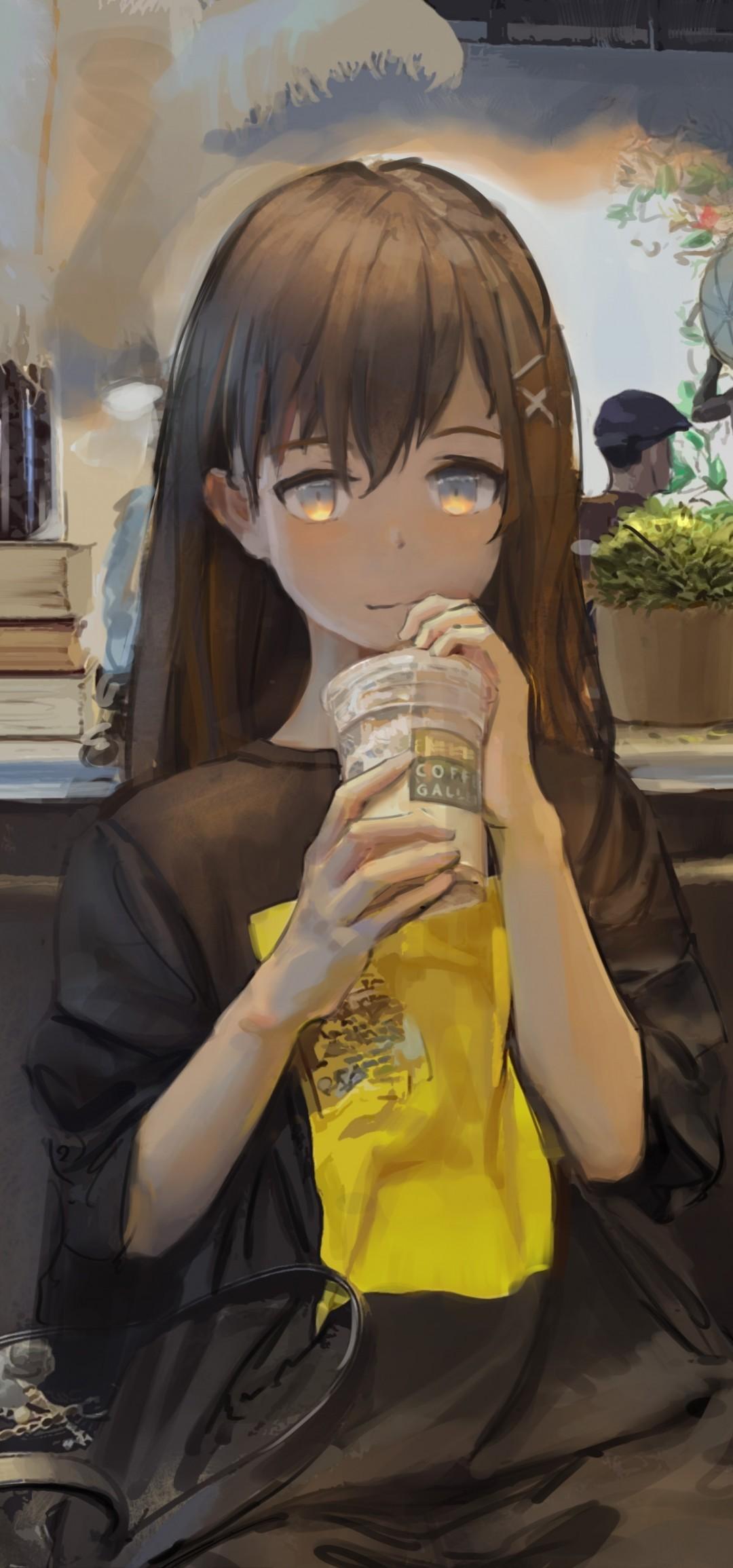 Cute Anime Girl Drinking Coffee gambar ke 3