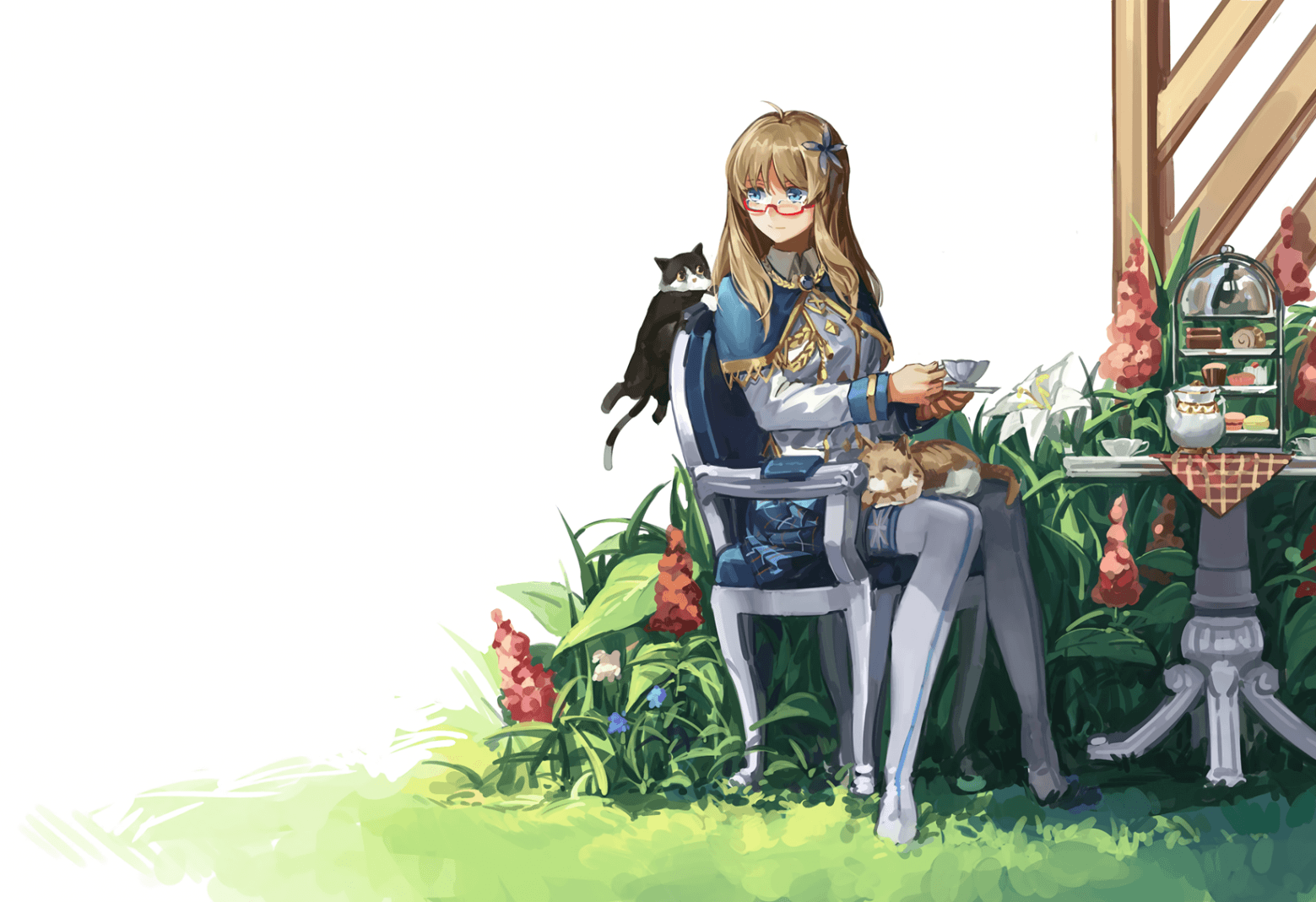 Download 1559x1069 Anime Girl, Glasses, Sitting, Coffee, Drinking