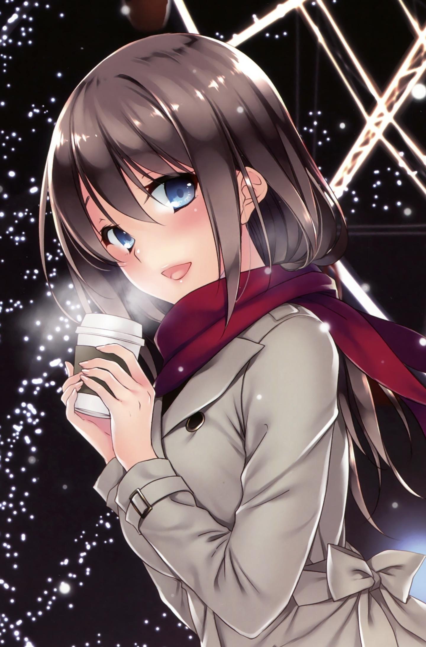 Download 1440x2960 wallpaper drink, coffee, anime girl, winter