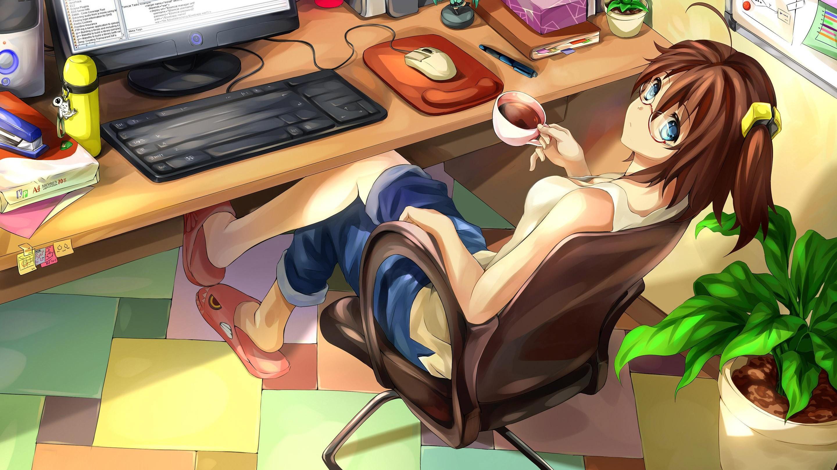 Girl drinking coffee at the desk HD desktop wallpaper, Widescreen