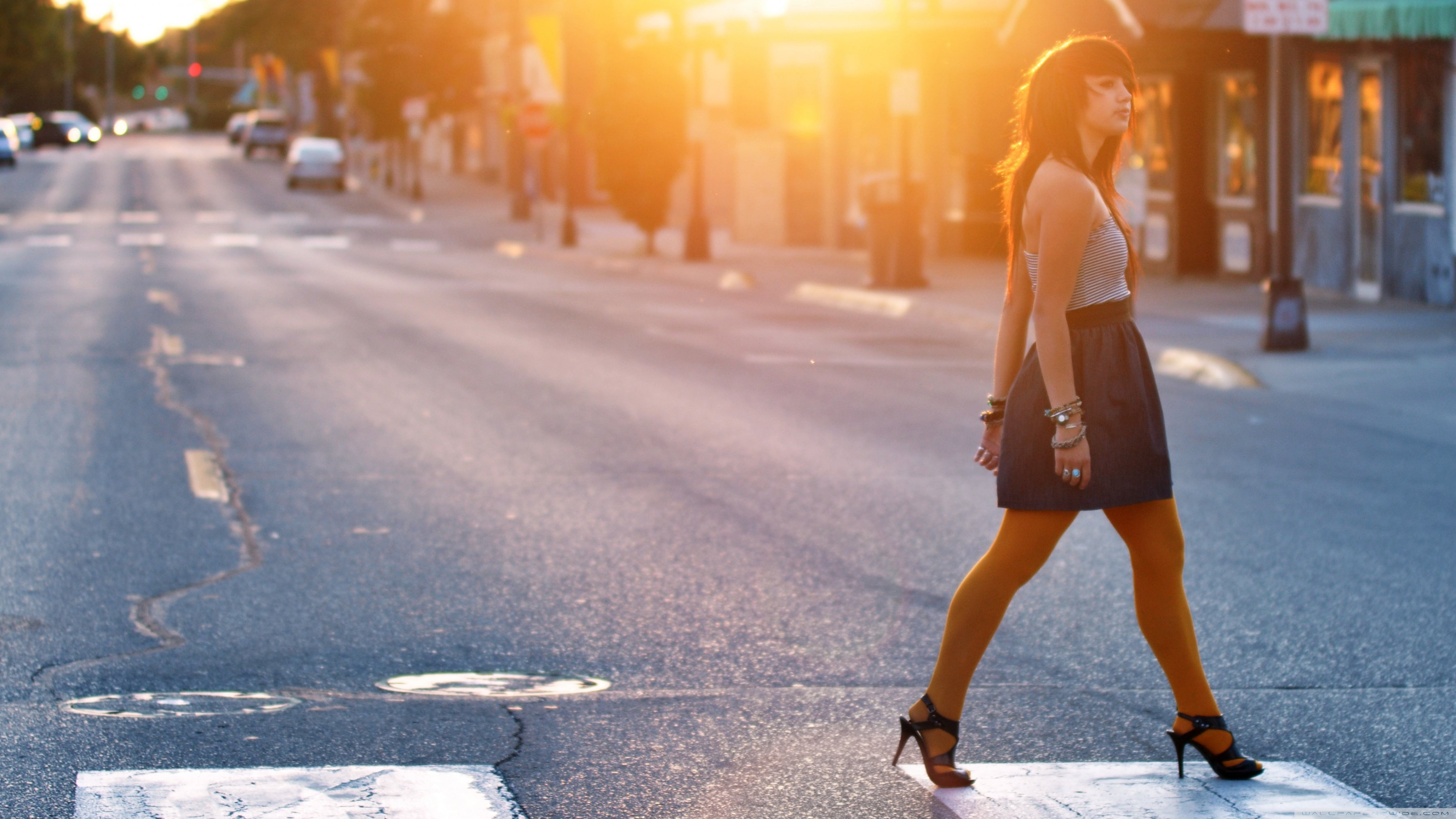 Girl Crossing The Street Ultra HD Desktop Background Wallpaper