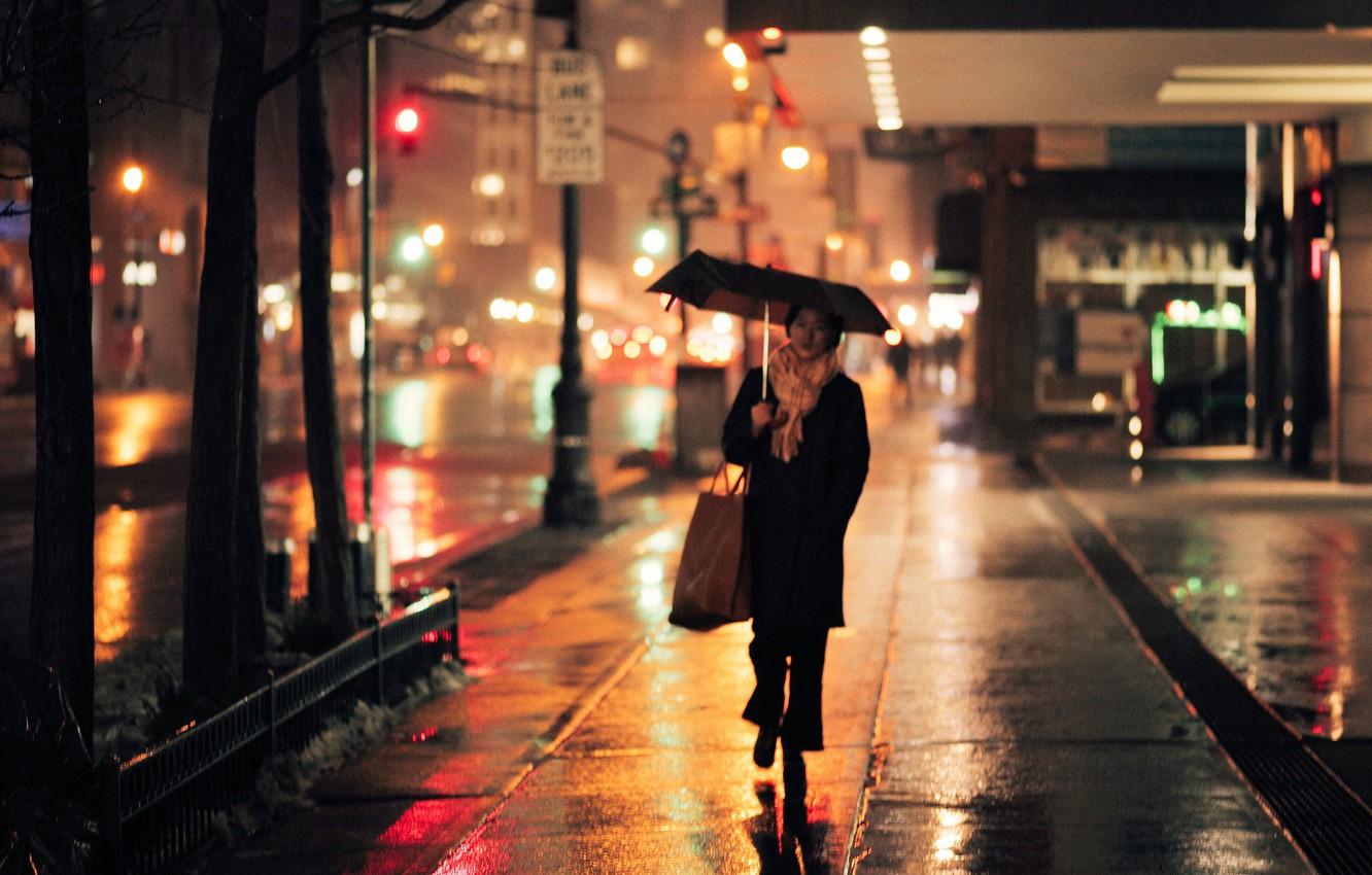 Wallpaper lights, girl, nights, umbrella, street image