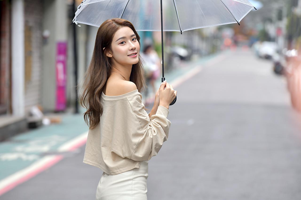 Picture Brown haired Bokeh Girls Asian Street Umbrella