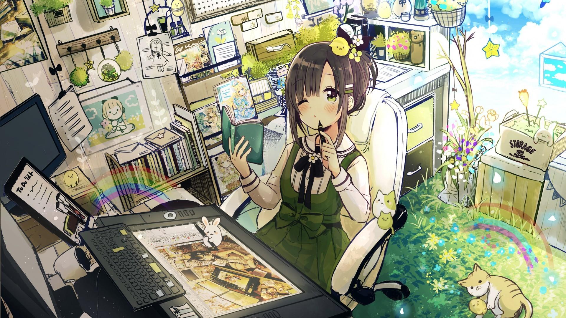 Download 1920x1080 Anime Room, Artist, Drawing, Anime Girl, Closed