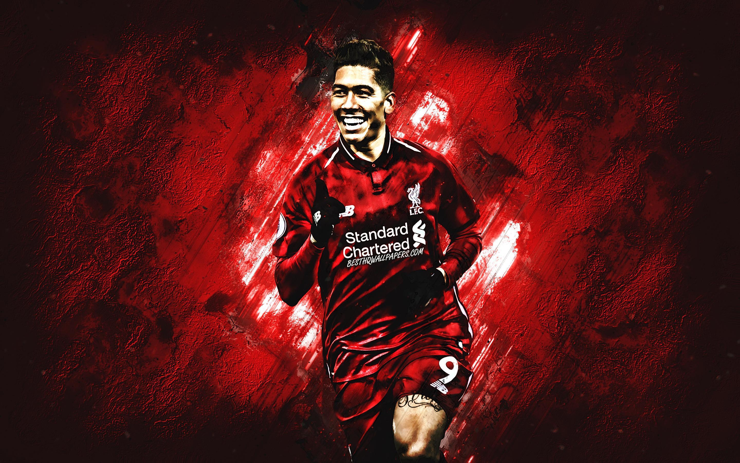 Download wallpaper Roberto Firmino, Liverpool FC, Brazilian footballer, attacking midfielder, Liverpool 2020 football players, red stone background for desktop with resolution 2880x1800. High Quality HD picture wallpaper