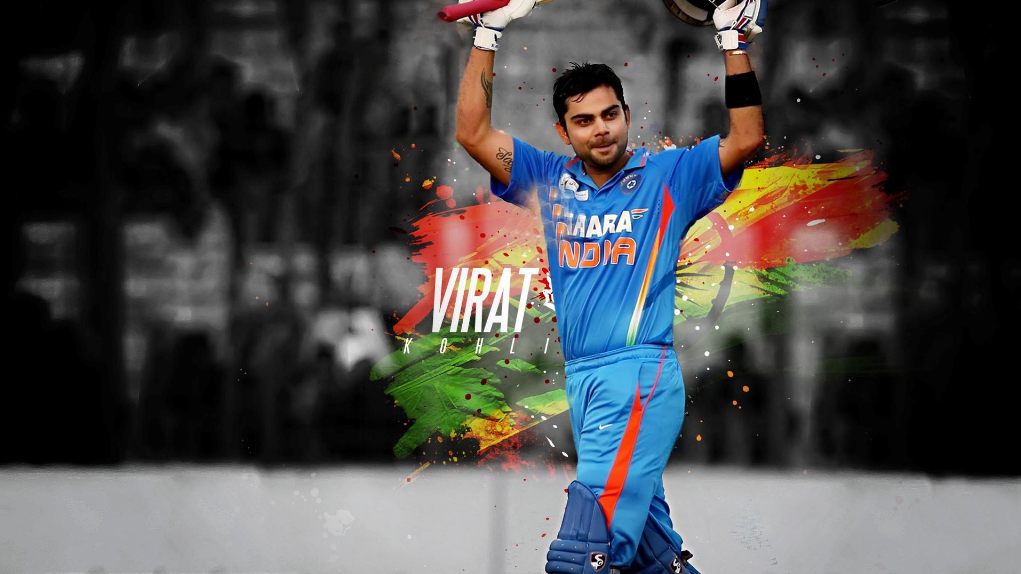 Download 2048x1152 Handsome Virat Kohli with Bat Indian Cricket Player Wallpaper