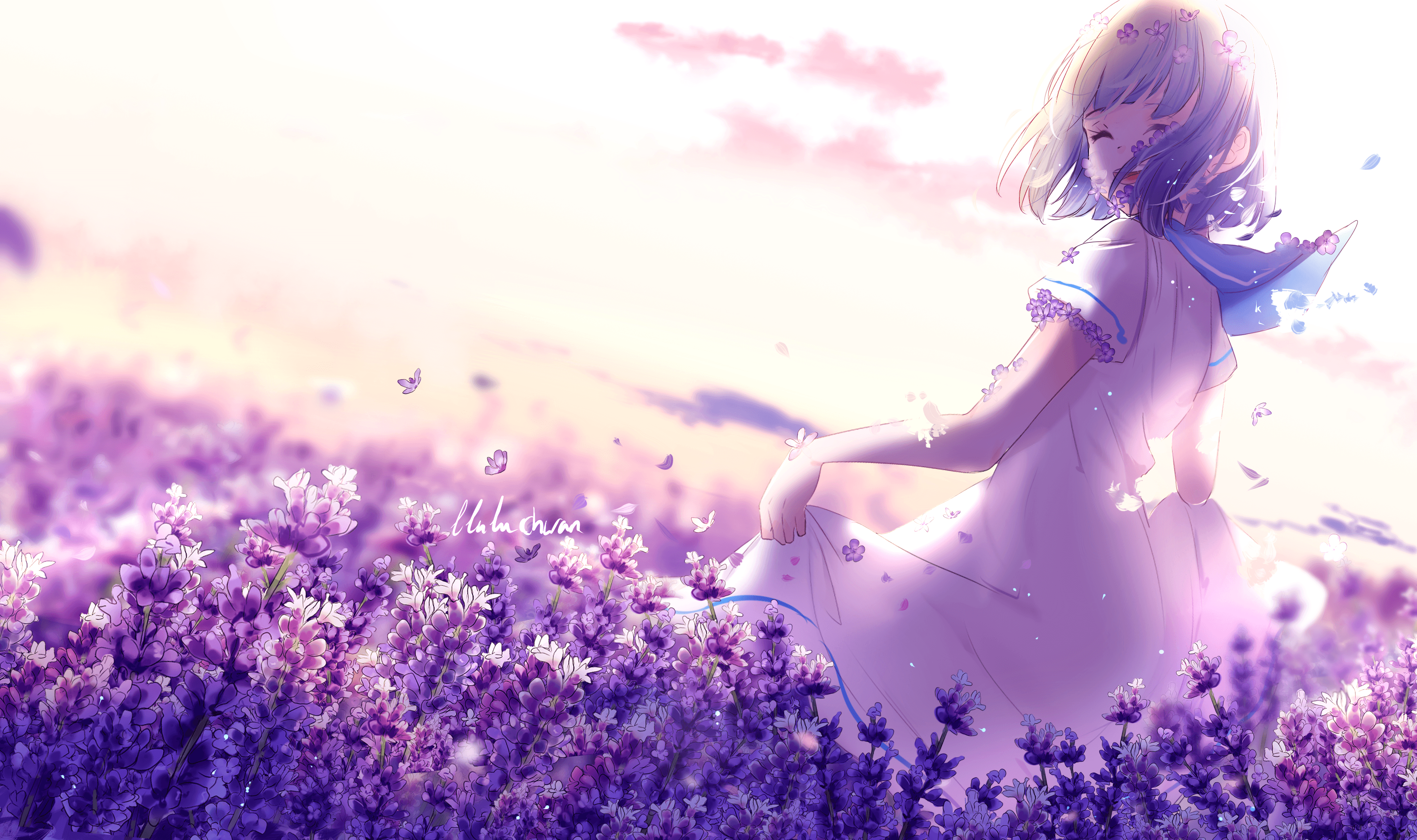 Wallpaper Anime girl, Lavender flowers, Purple, Spring, 4K, Anime