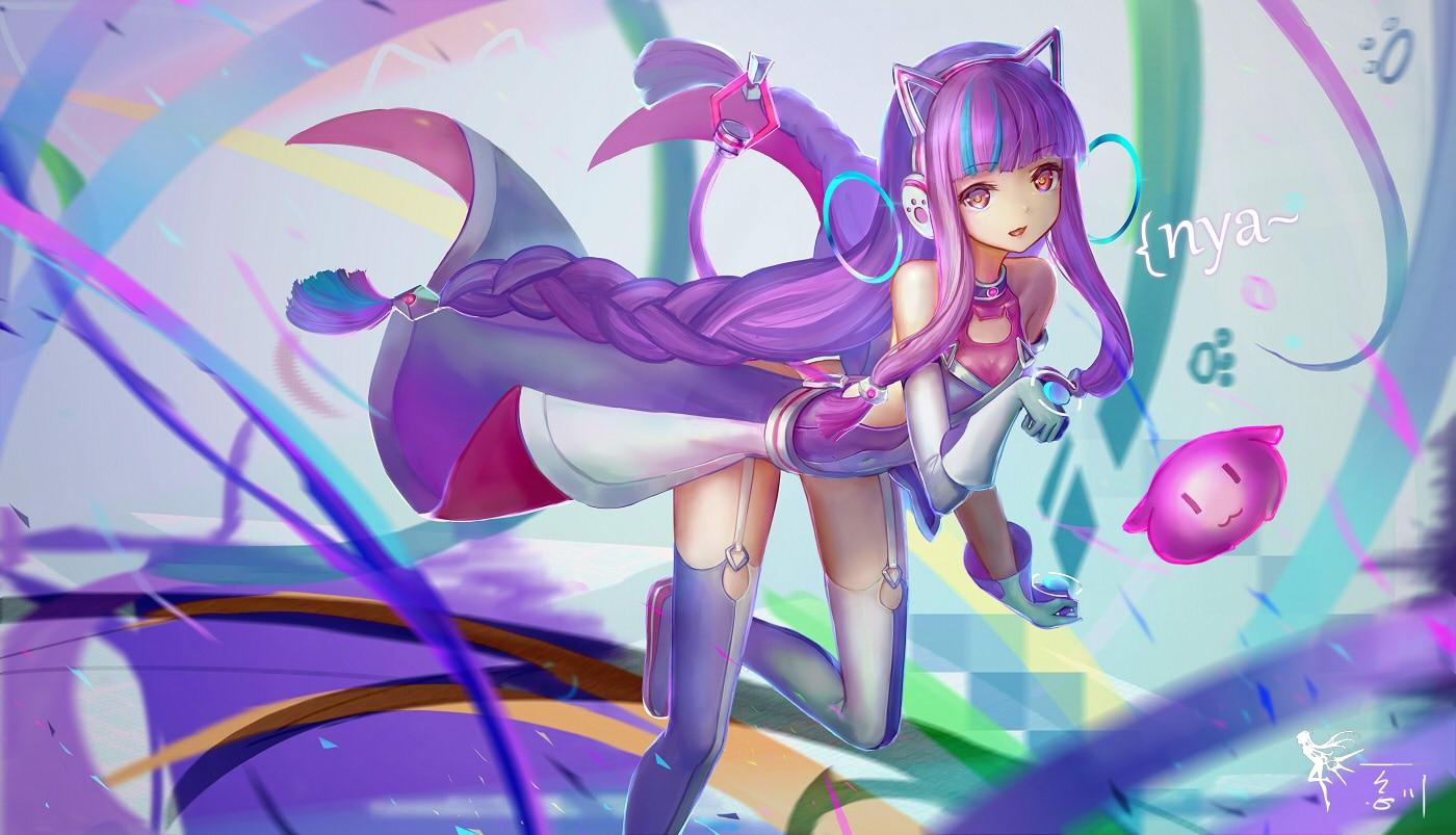 anime girl with purple hair and yellow ears