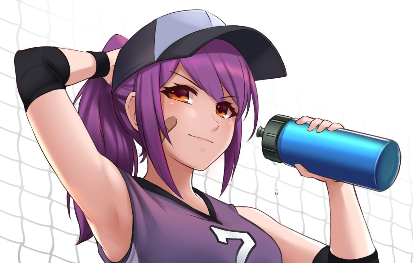 Wallpaper Girl, anime, purple hair, net, bonnet, anime girl, water bottle, original characters, sports girl image for desktop, section прочее