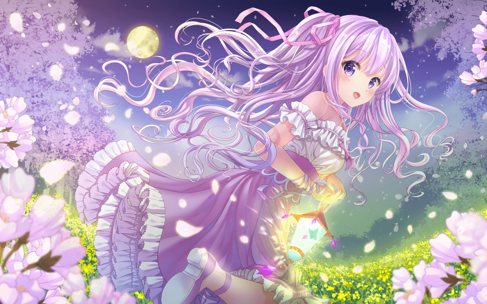 Download 1680x1050 Anime Girl, Purple Hair, Moon, Petals, Blossom