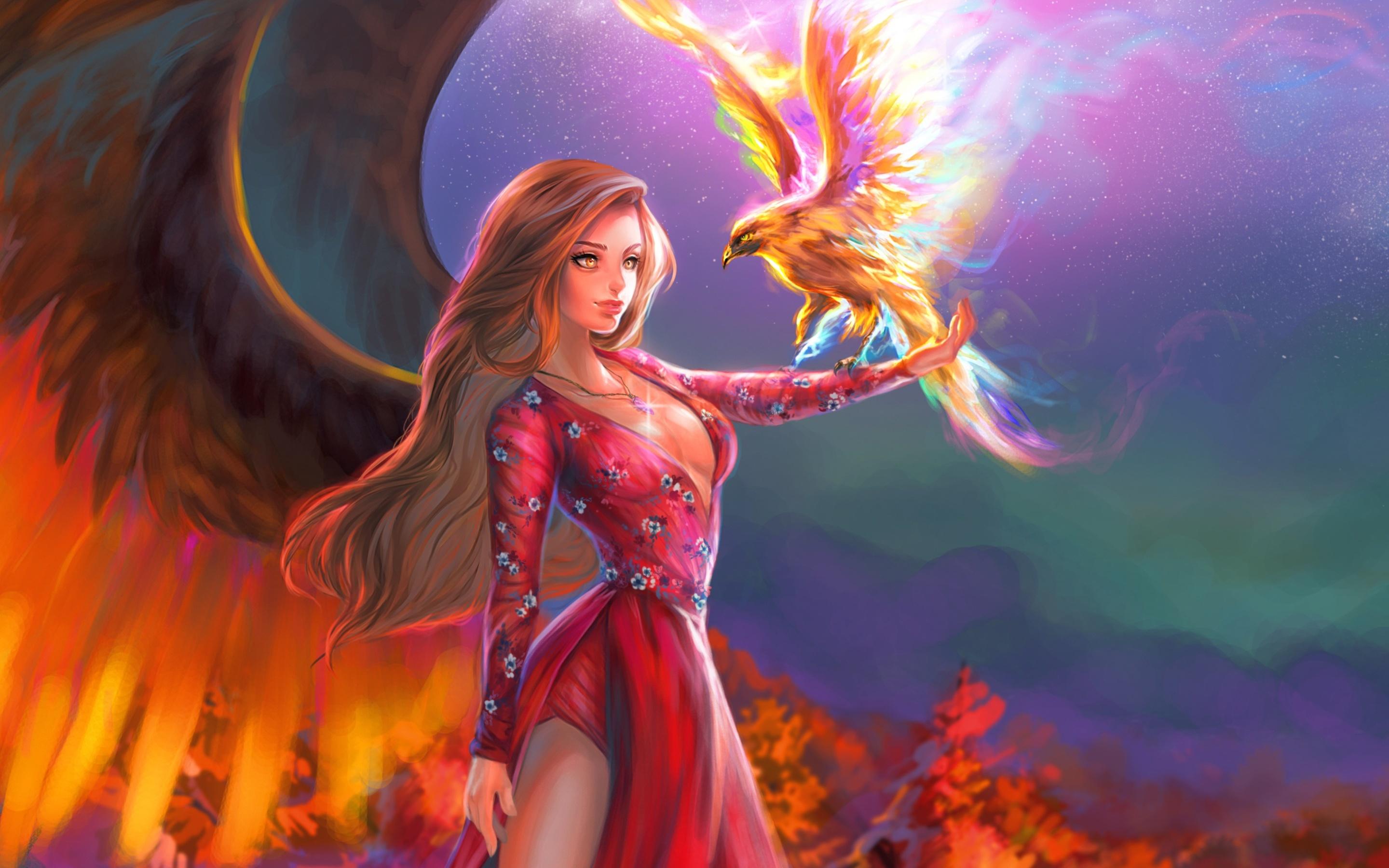 Mythology fantasy girl with a phoenix bird which is cyclically