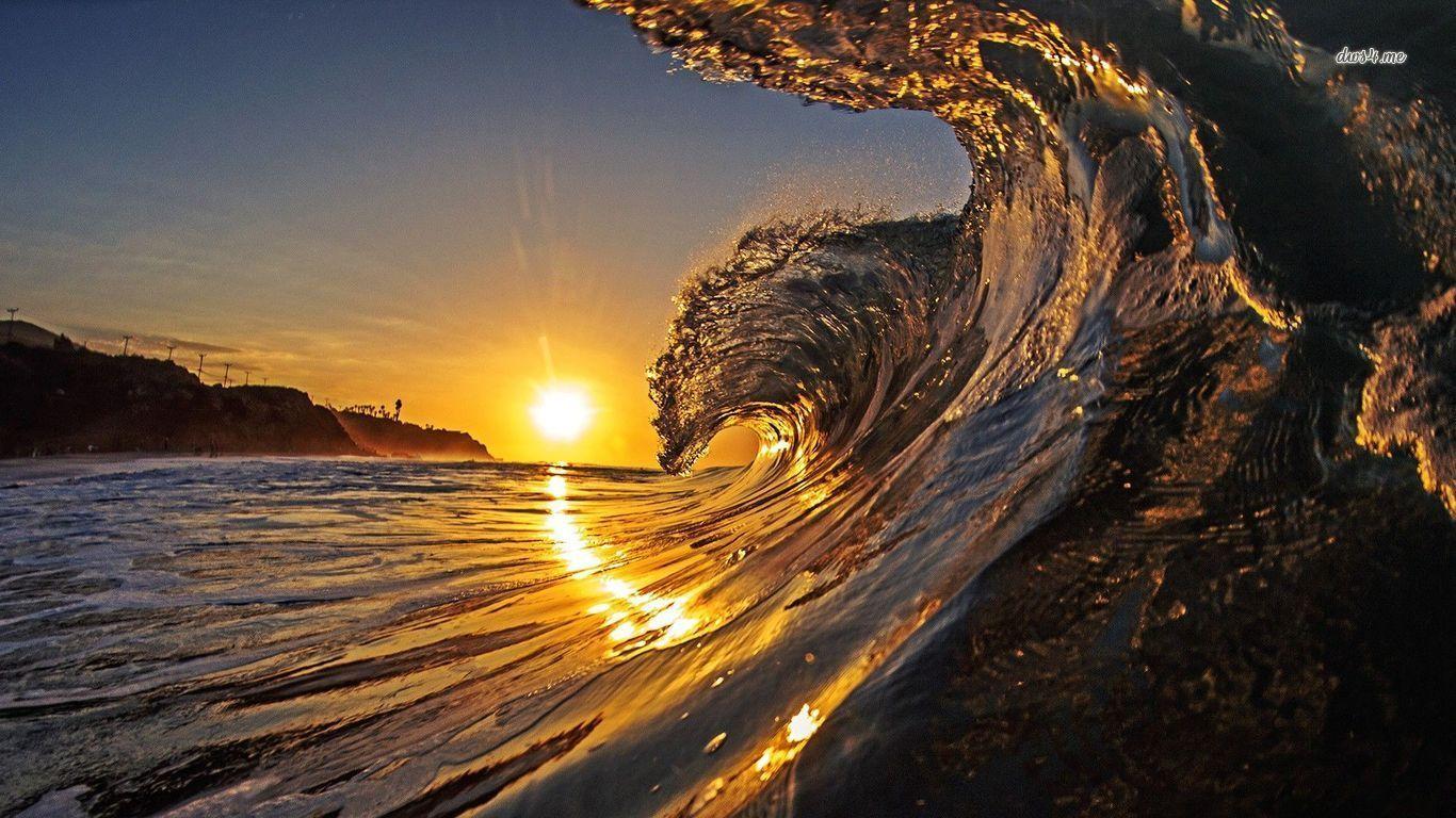 Beach Sunset Waves Desktop Wallpaper at