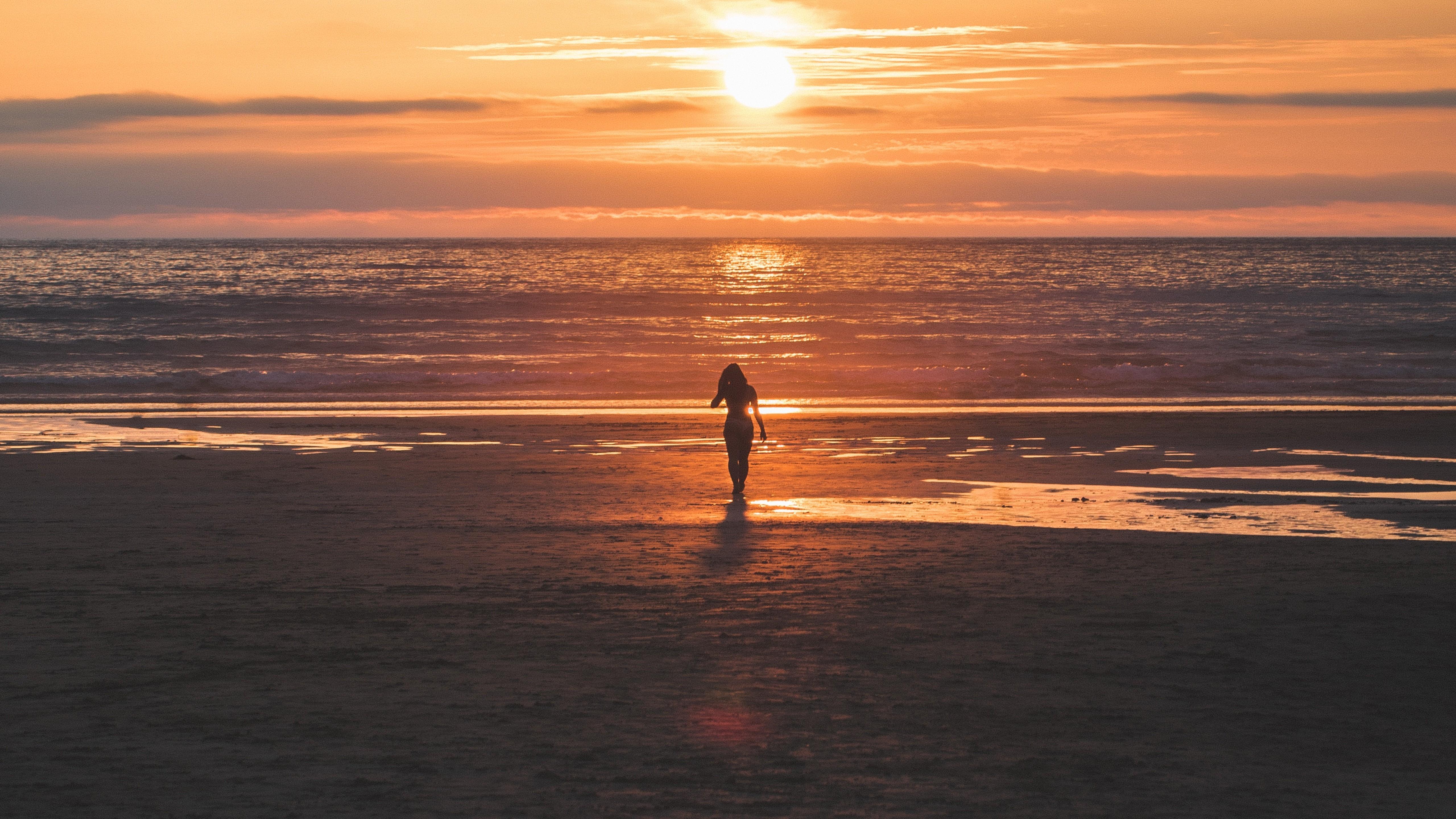 Wallpaper Beach, Sunset, Girl, Mood, 4K, Photography