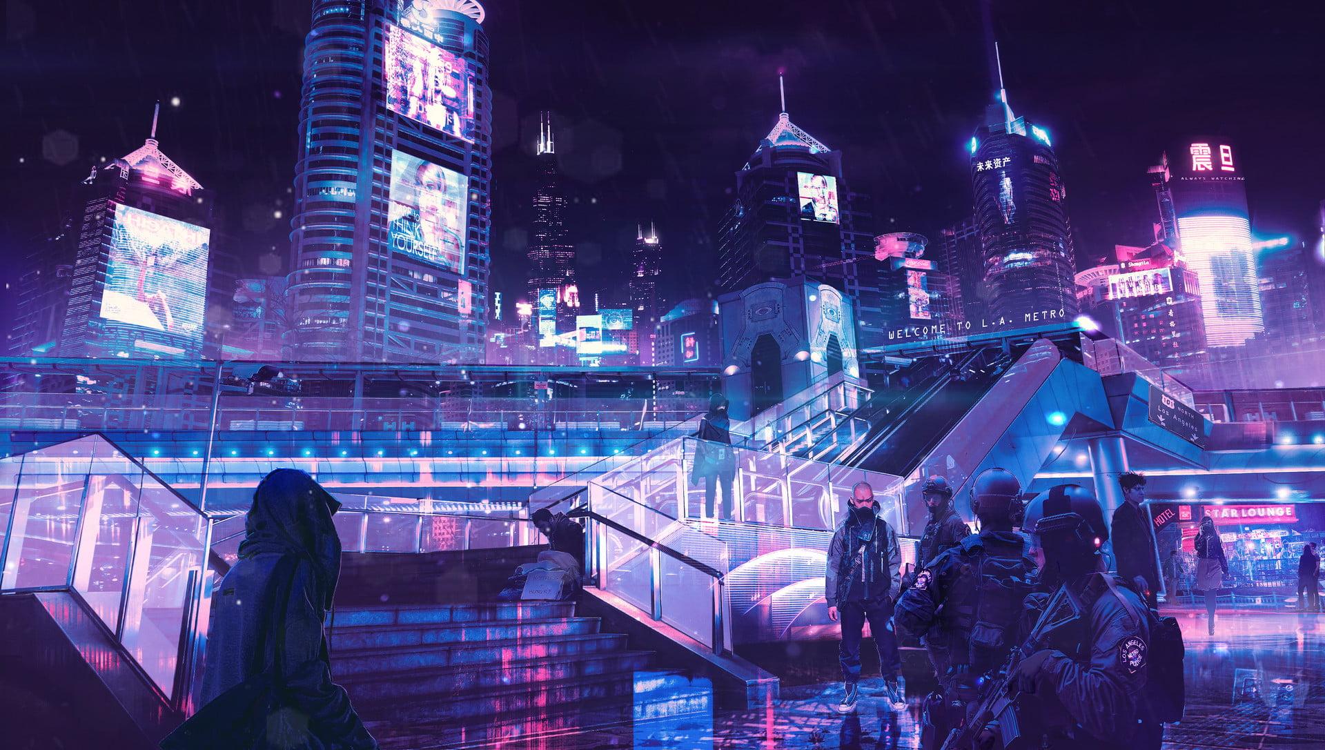Men's black tactical vest, cyberpunk, neon, rain, OutRun HD