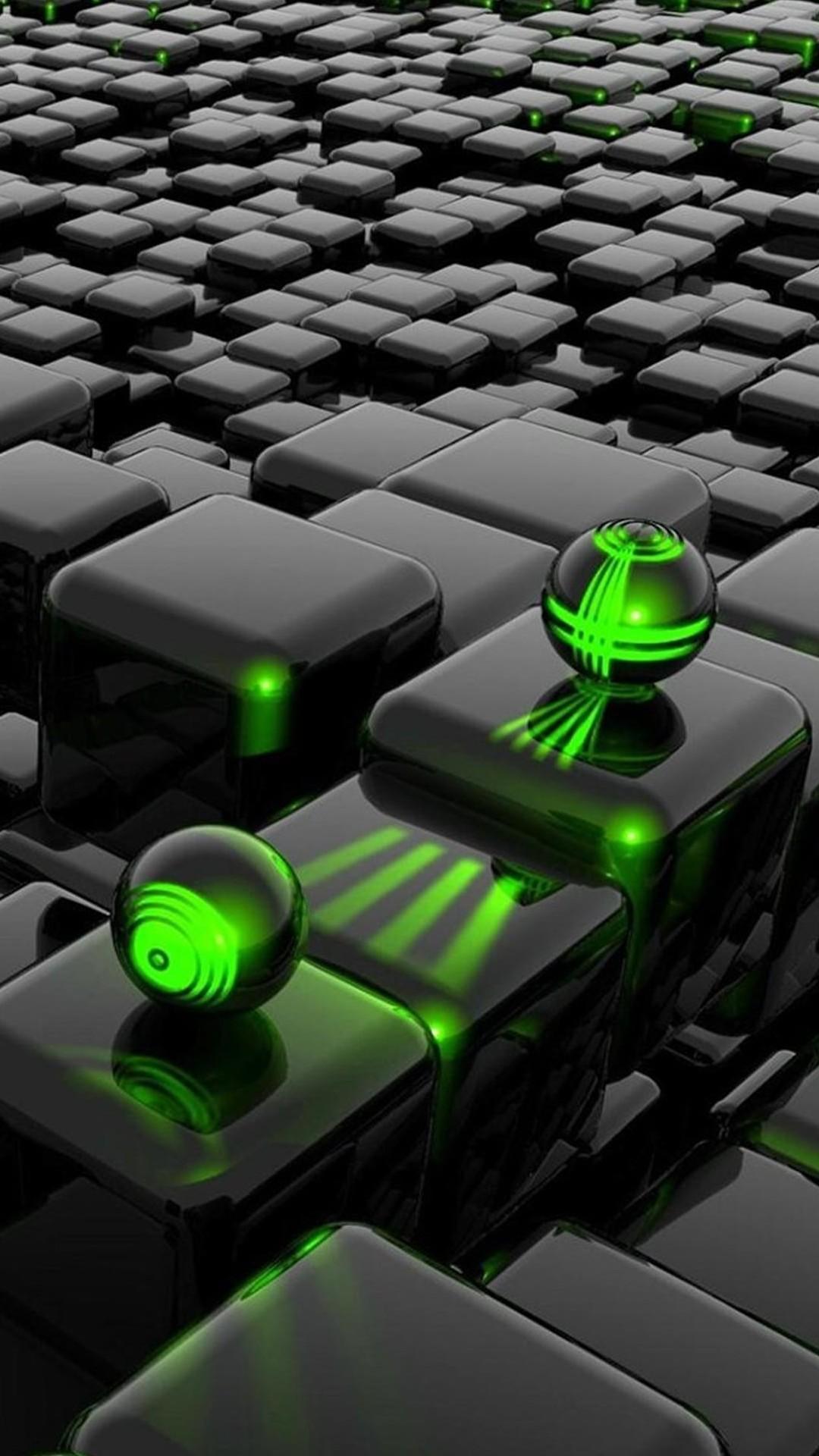 3D Cubes And 3D Green Laser Android Wallpaper Wallpaper