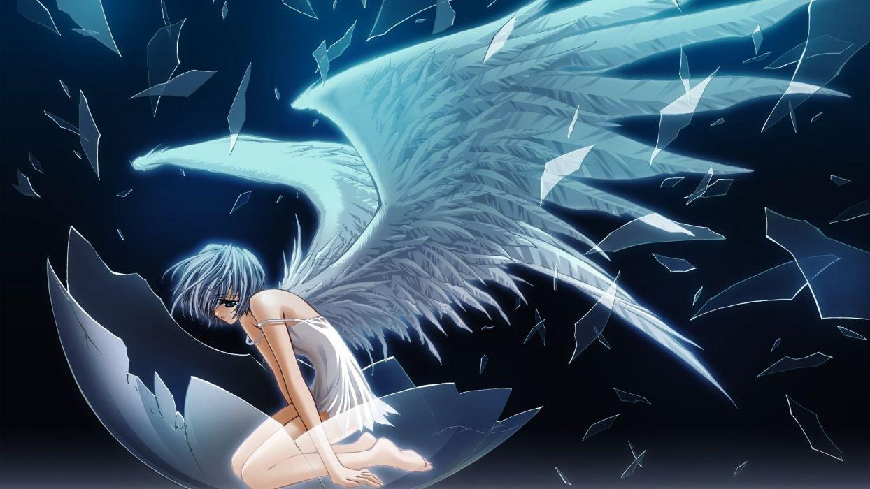 Anime girl angel wings broken blue eyes hair light wallpaper