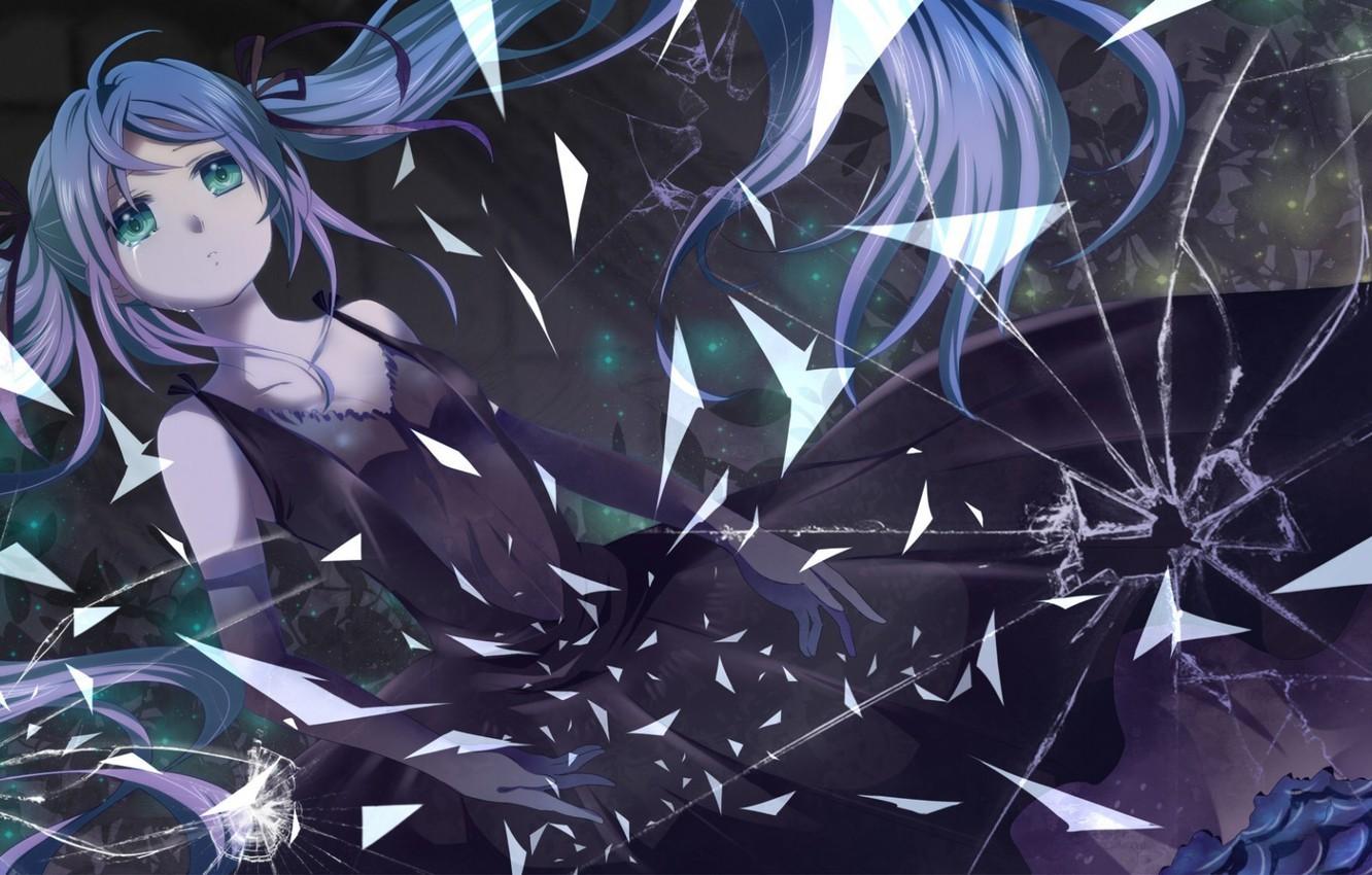 Wallpaper glass, fragments, cracked, tears, black dress, Hatsune