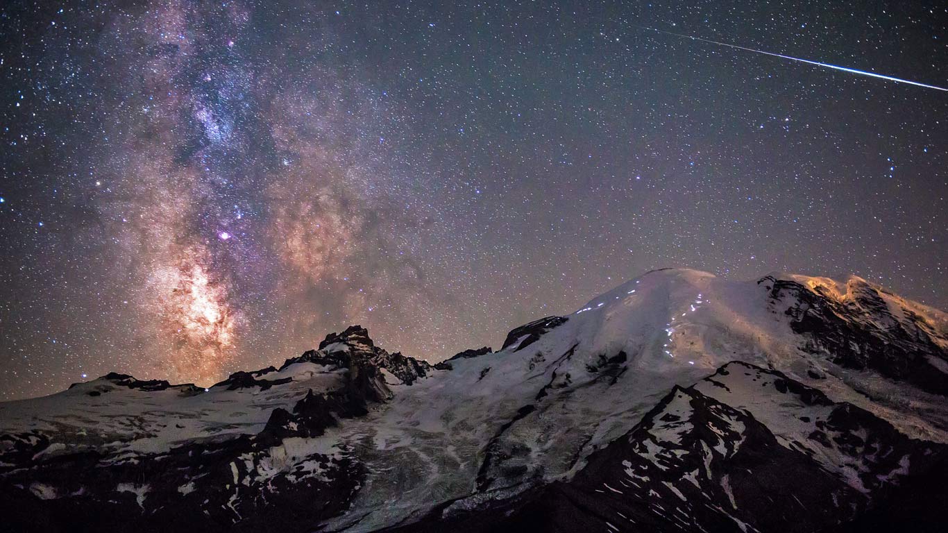 Milky Way above Mount Rainier in Mount Rainier National Park