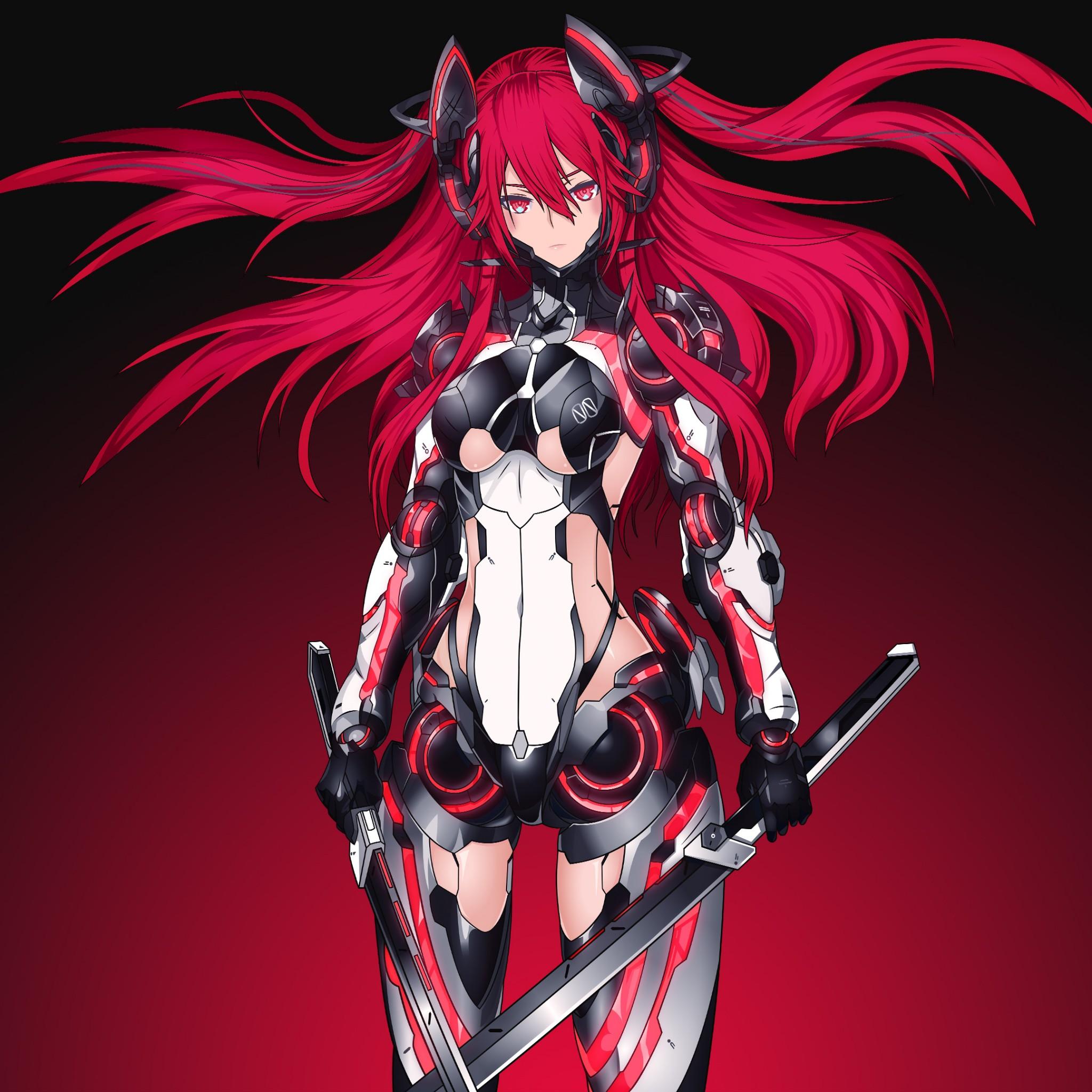 Wallpaper Mecha Girl, Red, Warrior, Katana, 4K, Anime