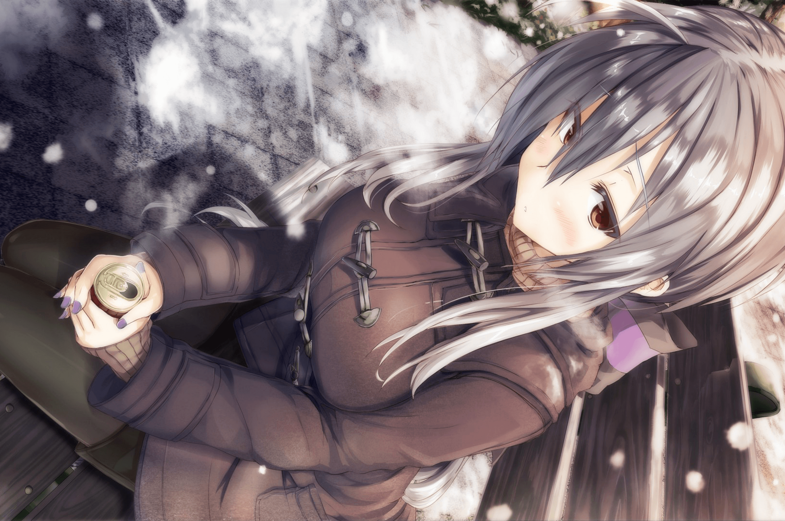 Download 2560x1700 Anime Girl, Bird View, Sitting, Coat, Coffee