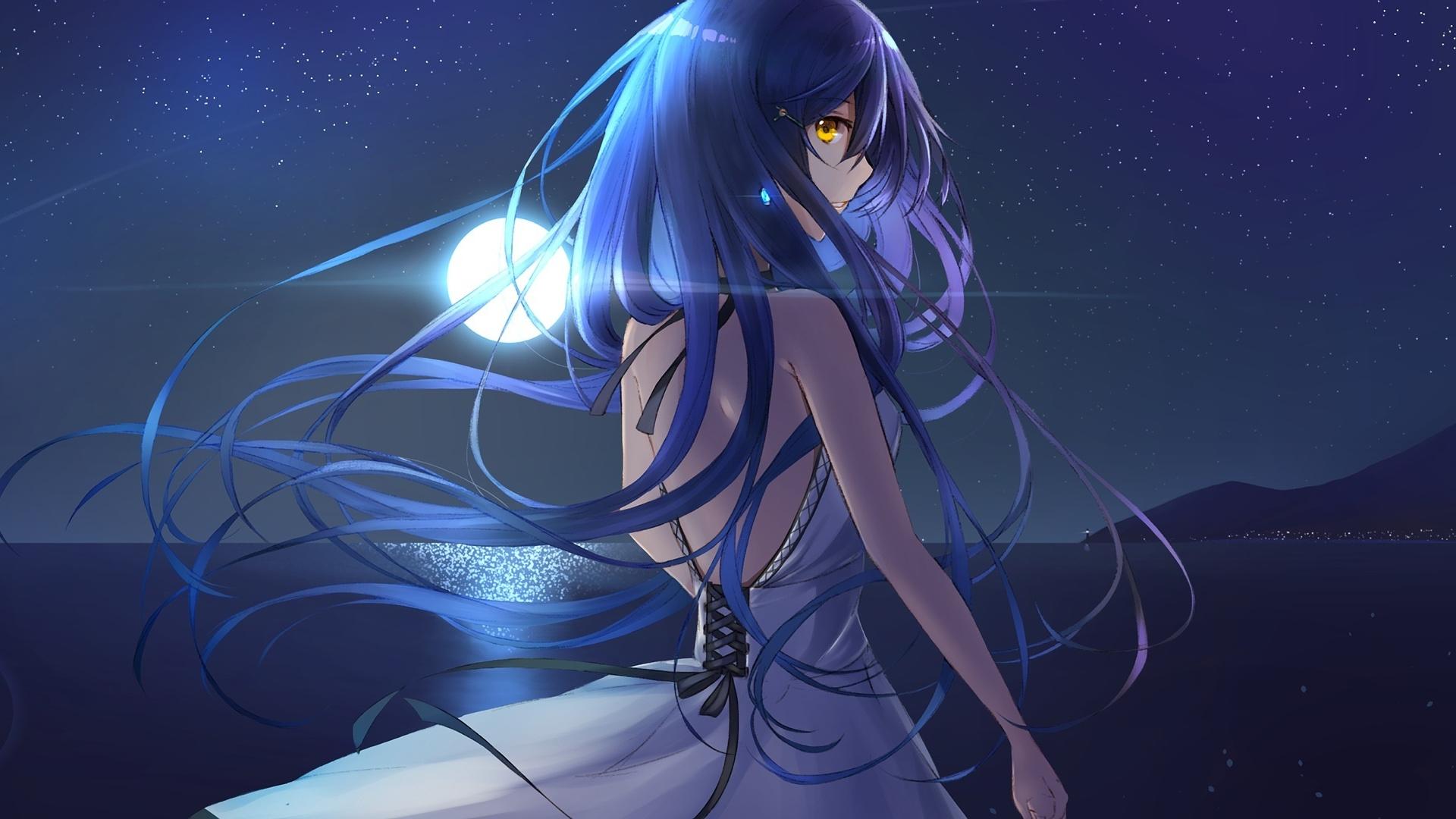 Download 1920x1080 wallpaper night out, anime girl, blue long hair