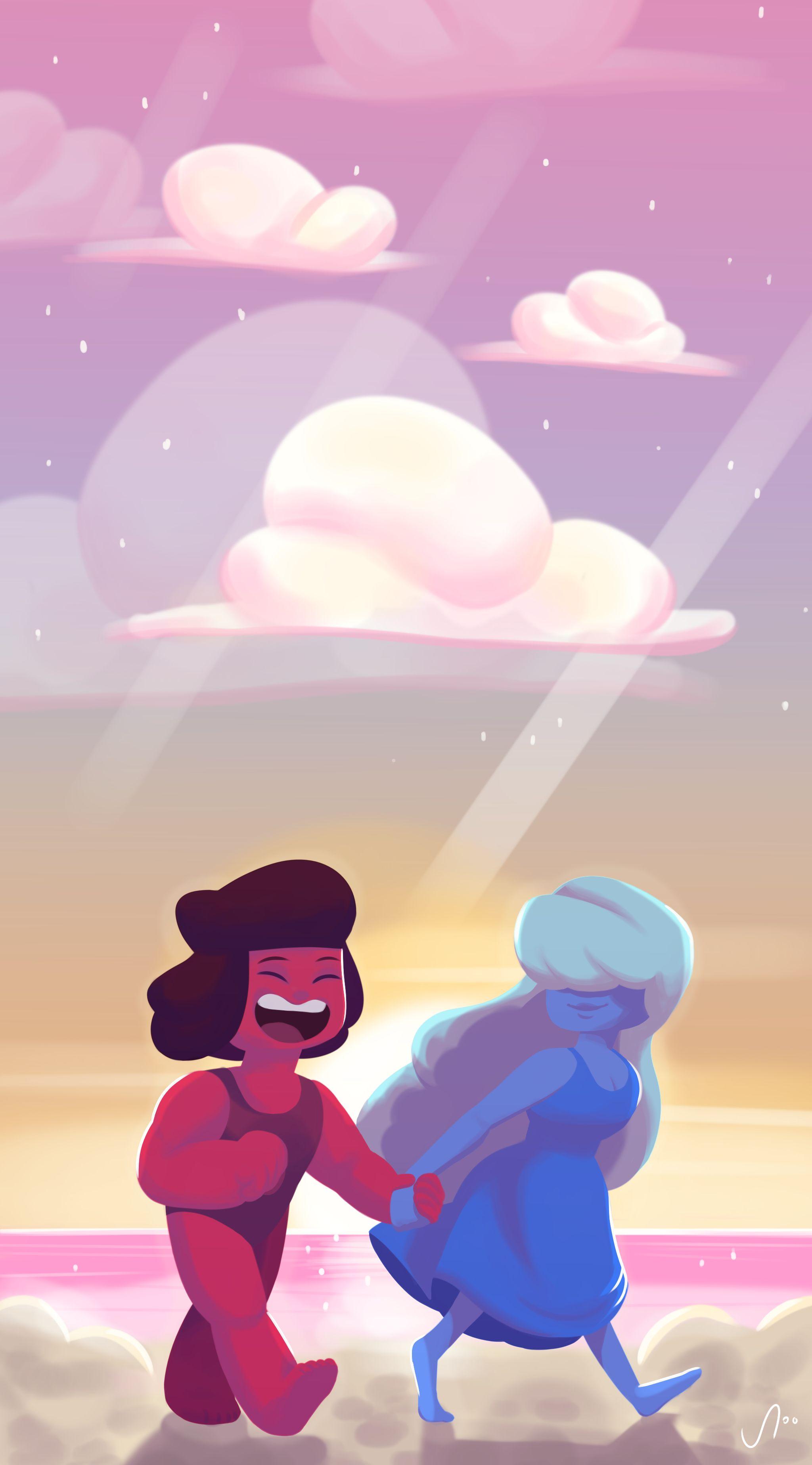 Ruby and Sapphire on the beach! Phone wallpaper by me :DD