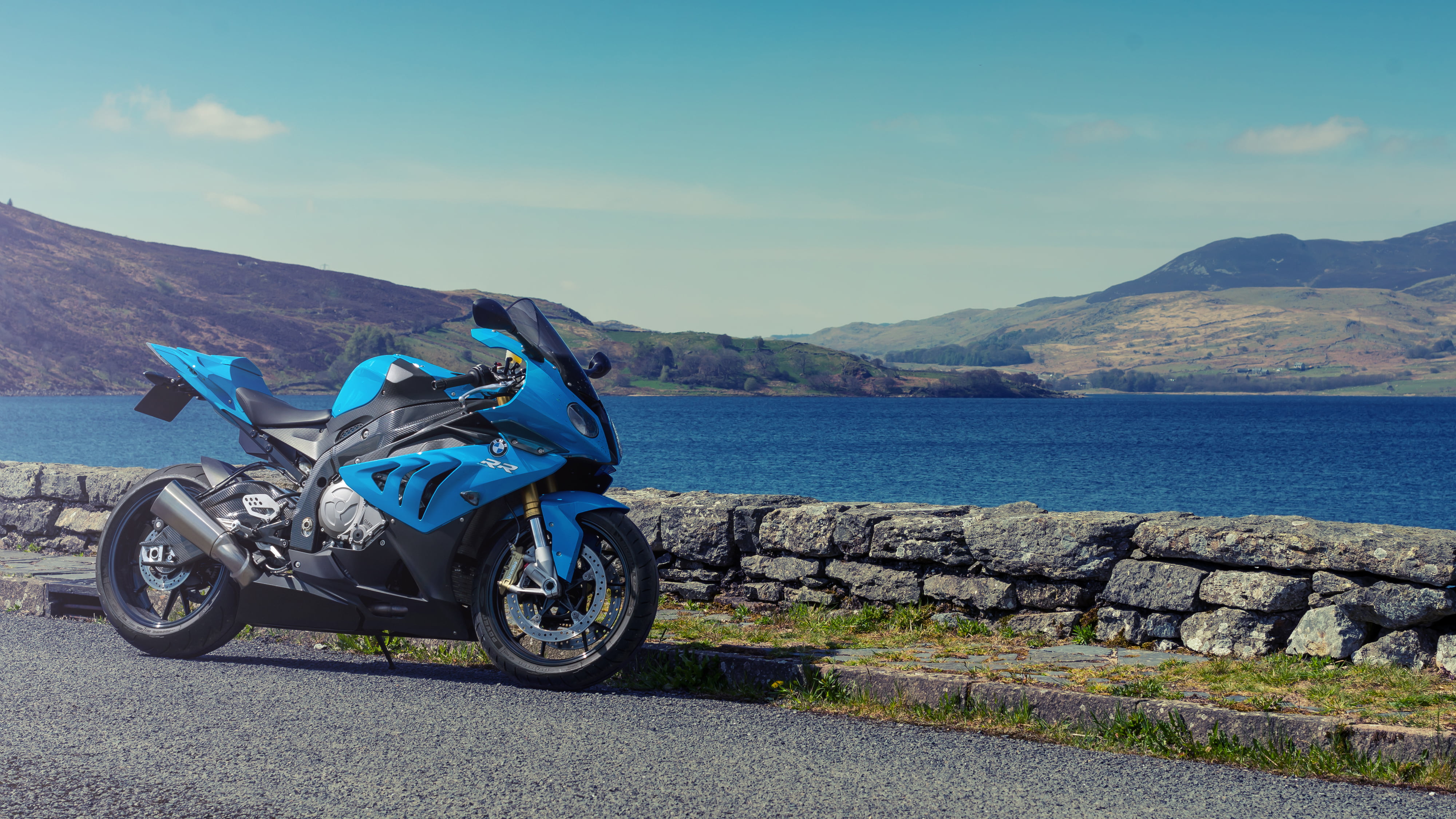 Blue sports bike, BMW S1000RR, Sports bike, Landscape HD wallpaper