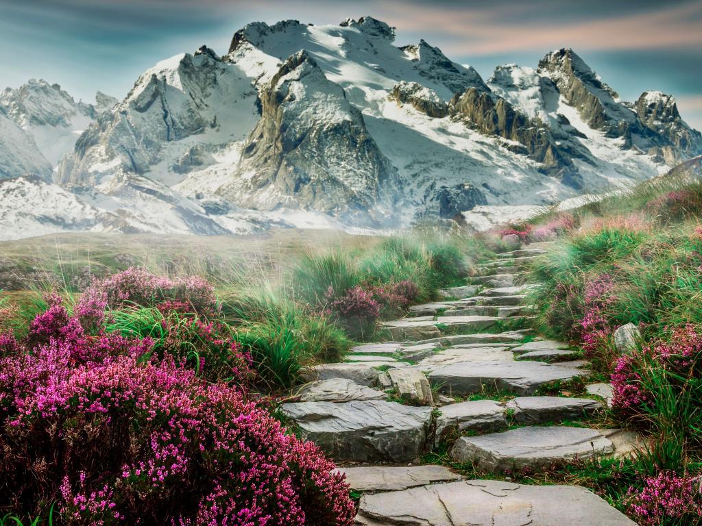 Scenic, spring, mountain, rocks steps, pathway wallpaper