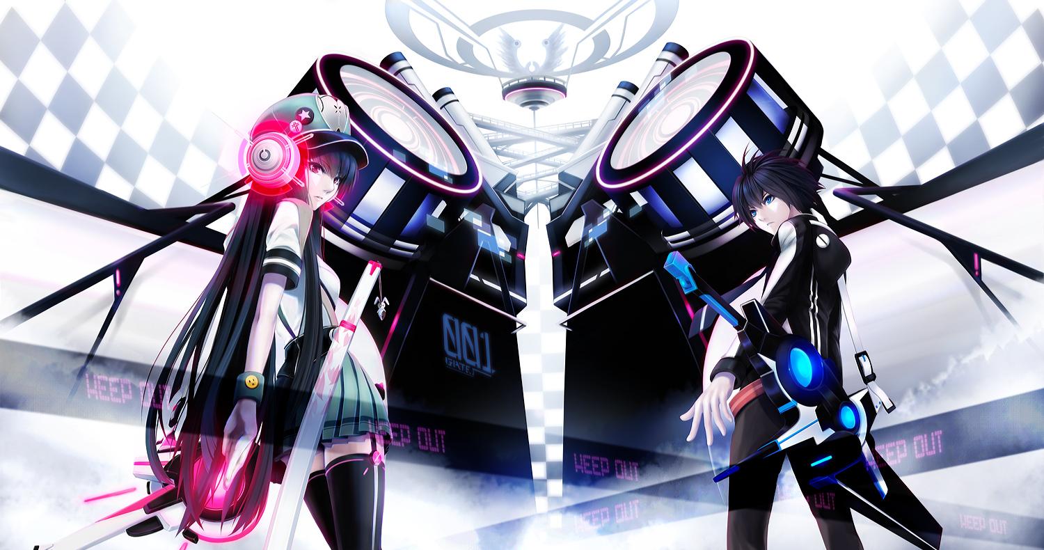 black hair blue eyes gloves hat headphones katana long hair