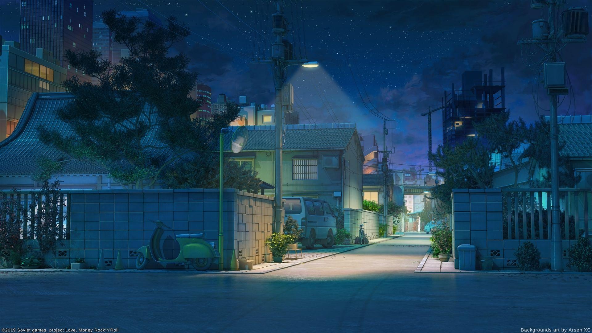 Street2 night. Anime scenery wallpaper