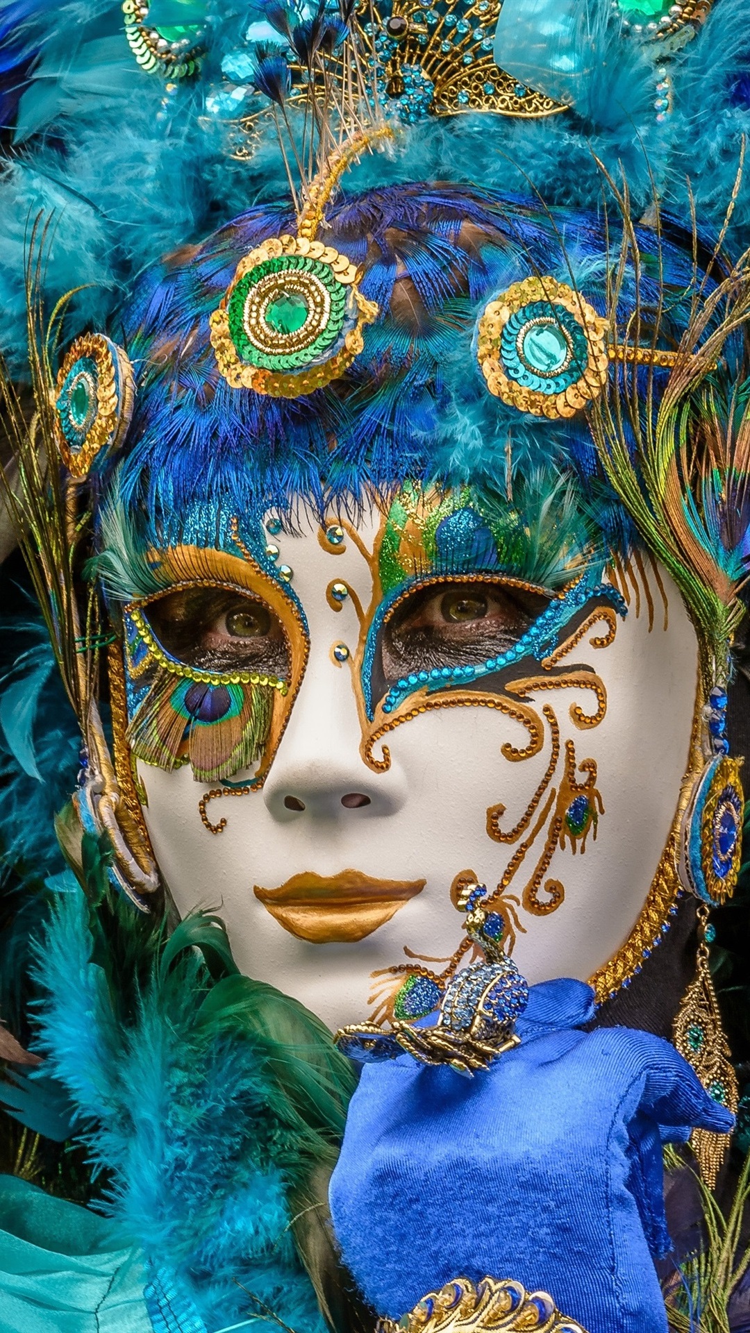 Peacock Feathers Mask Girl, Carnival 1080x1920 IPhone 8 7 6 6S