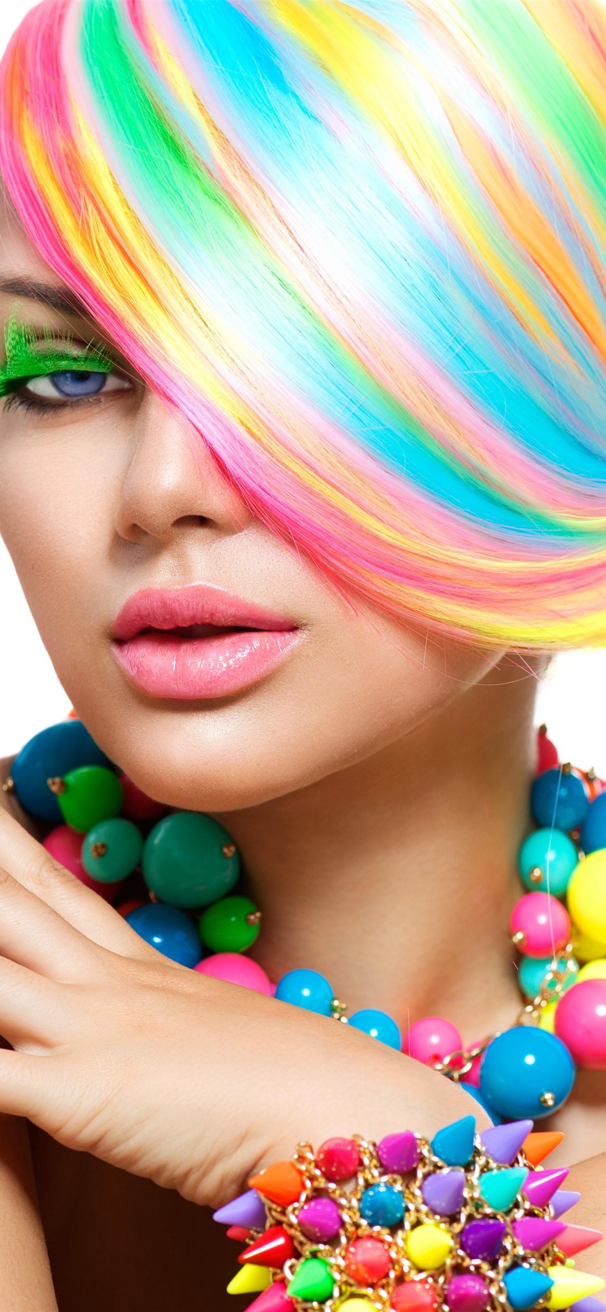 Fashion girl, rainbow colors hair, colorful beads 1242x2688 iPhone