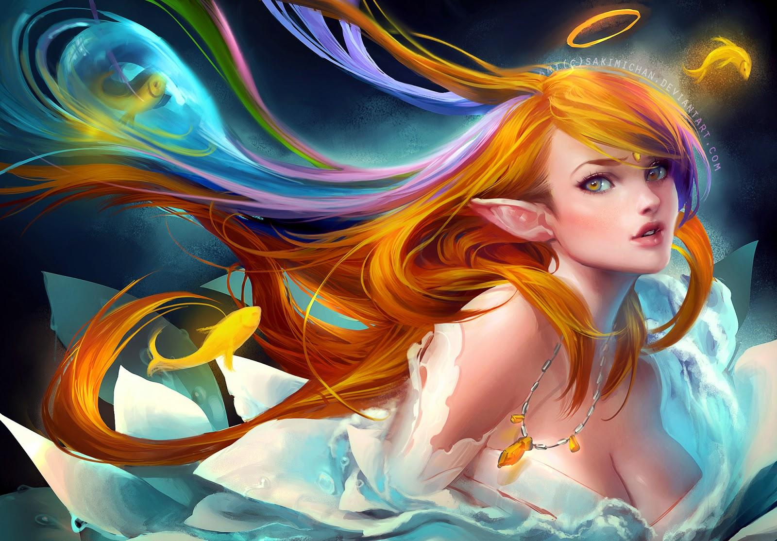 Fantasy Wallpaper: Elf from water with rainbow hair