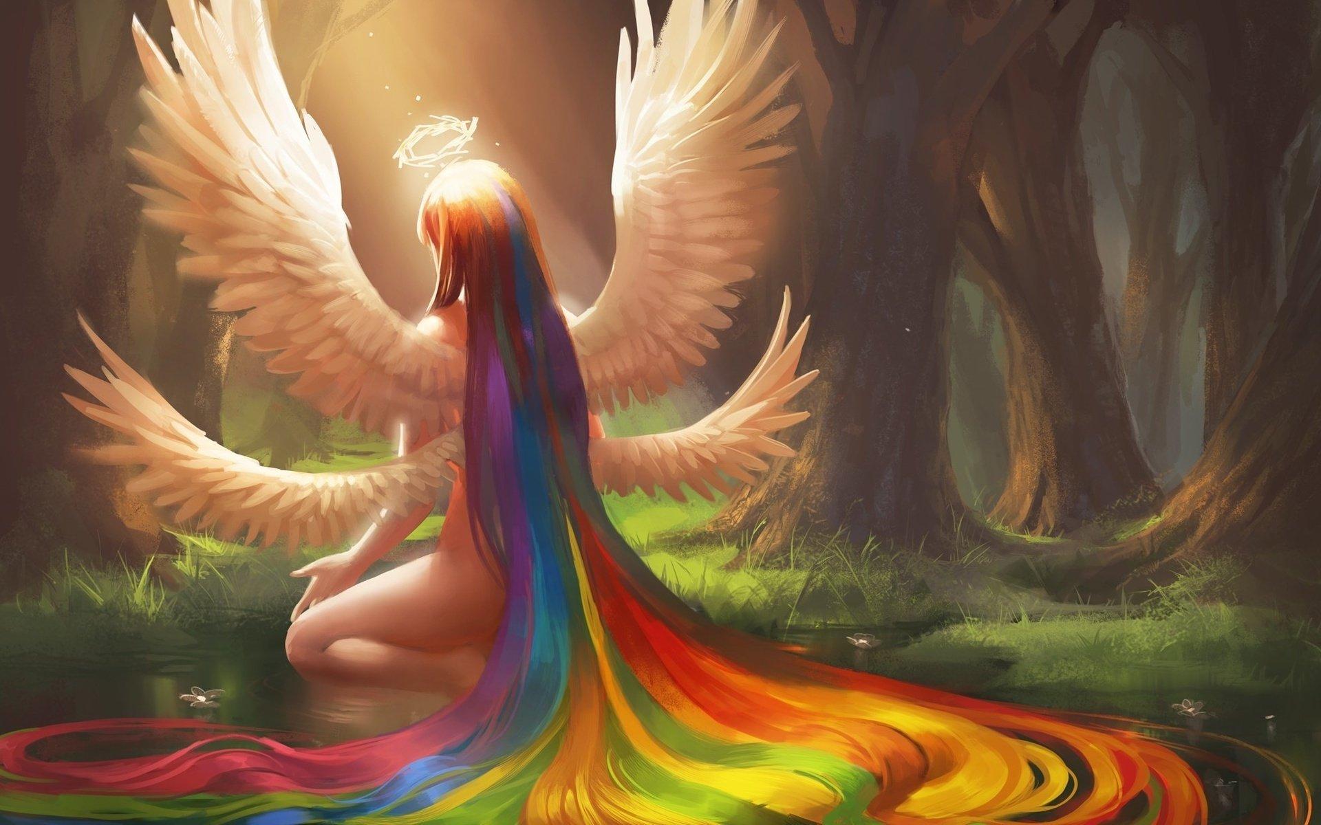 fantasy, Girl, Color, Rainbow, Hair, Wings, Angel, Tree, Forest