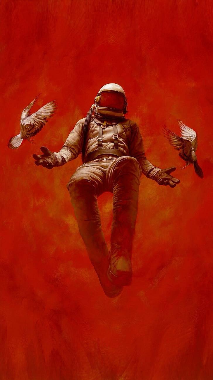 HD wallpaper: astronaut, birds, digital art, doves, fire, Flying