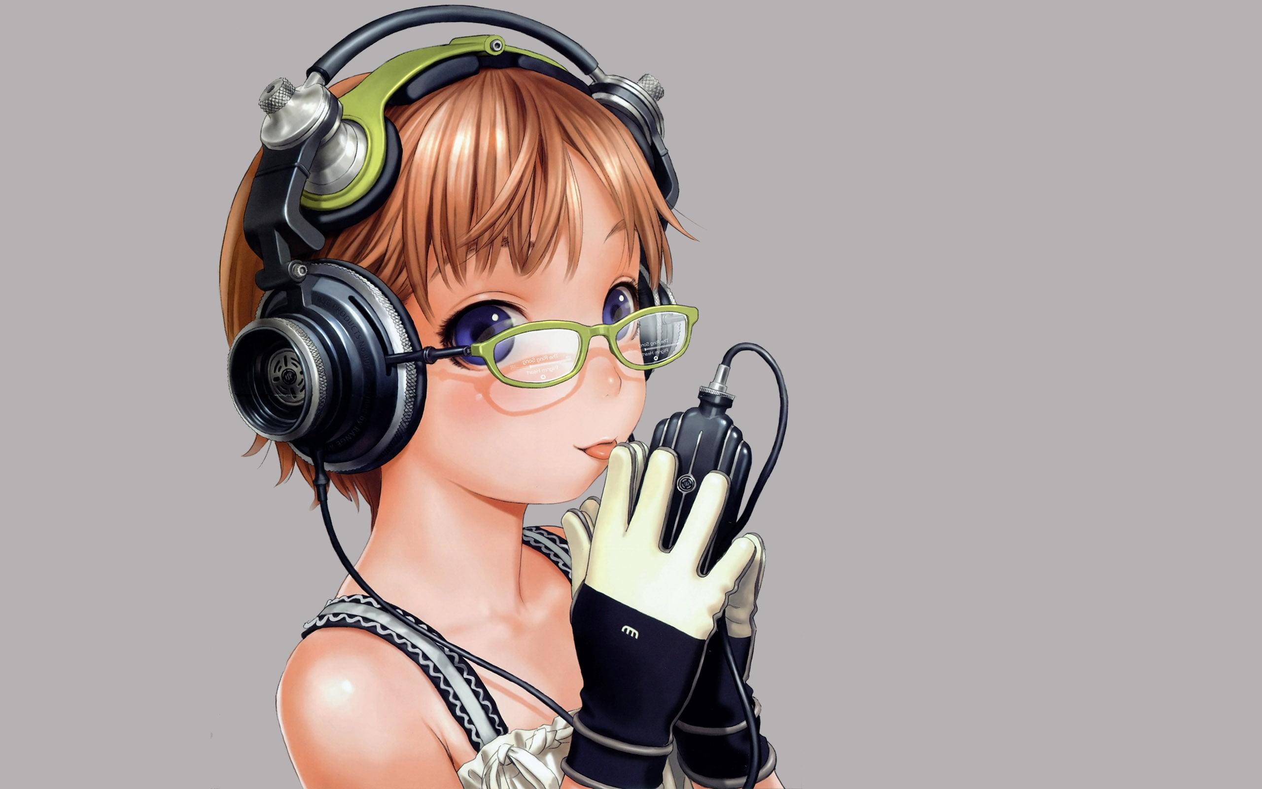 Brown hair girl wearing headphones illustration HD wallpaper