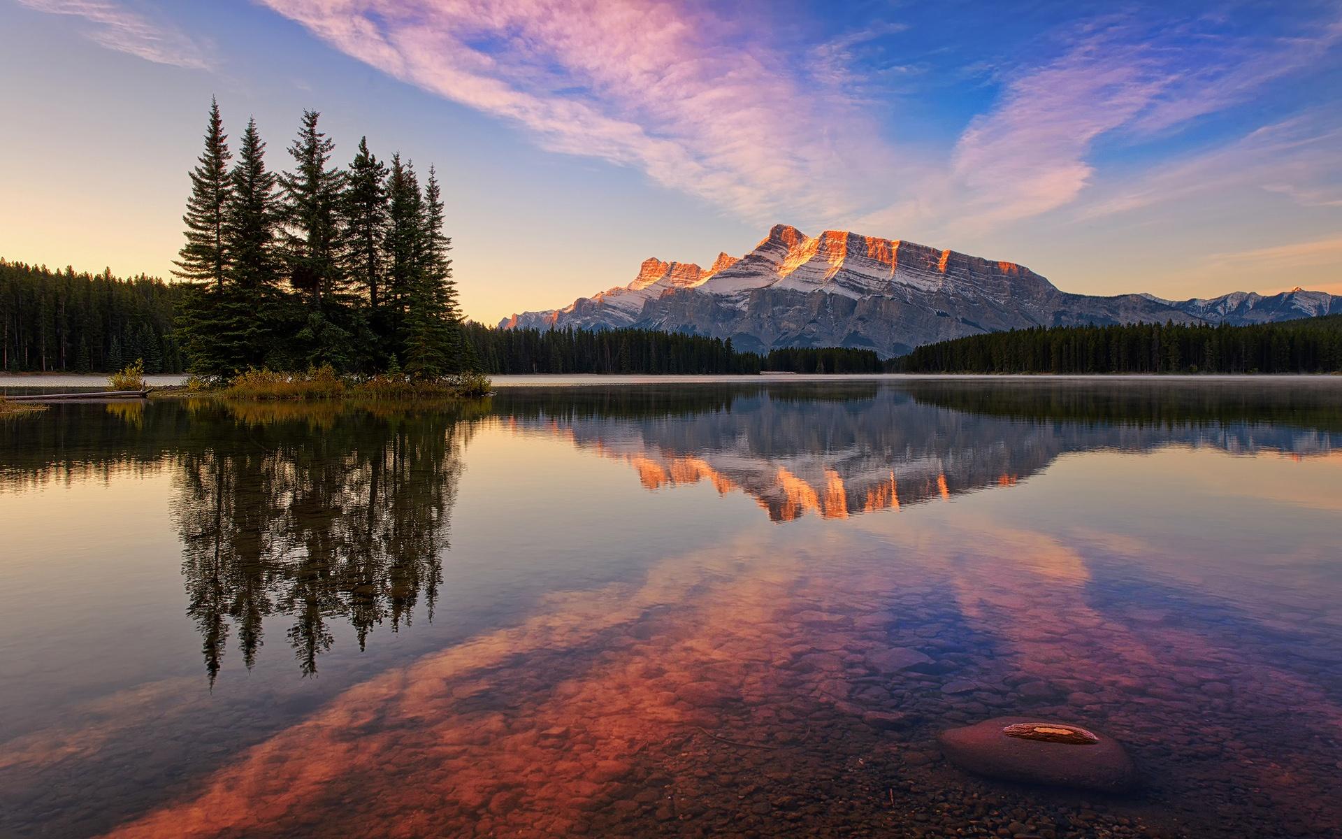 Banff National Park, Canada, Jack Lake, forest, mountains, sky