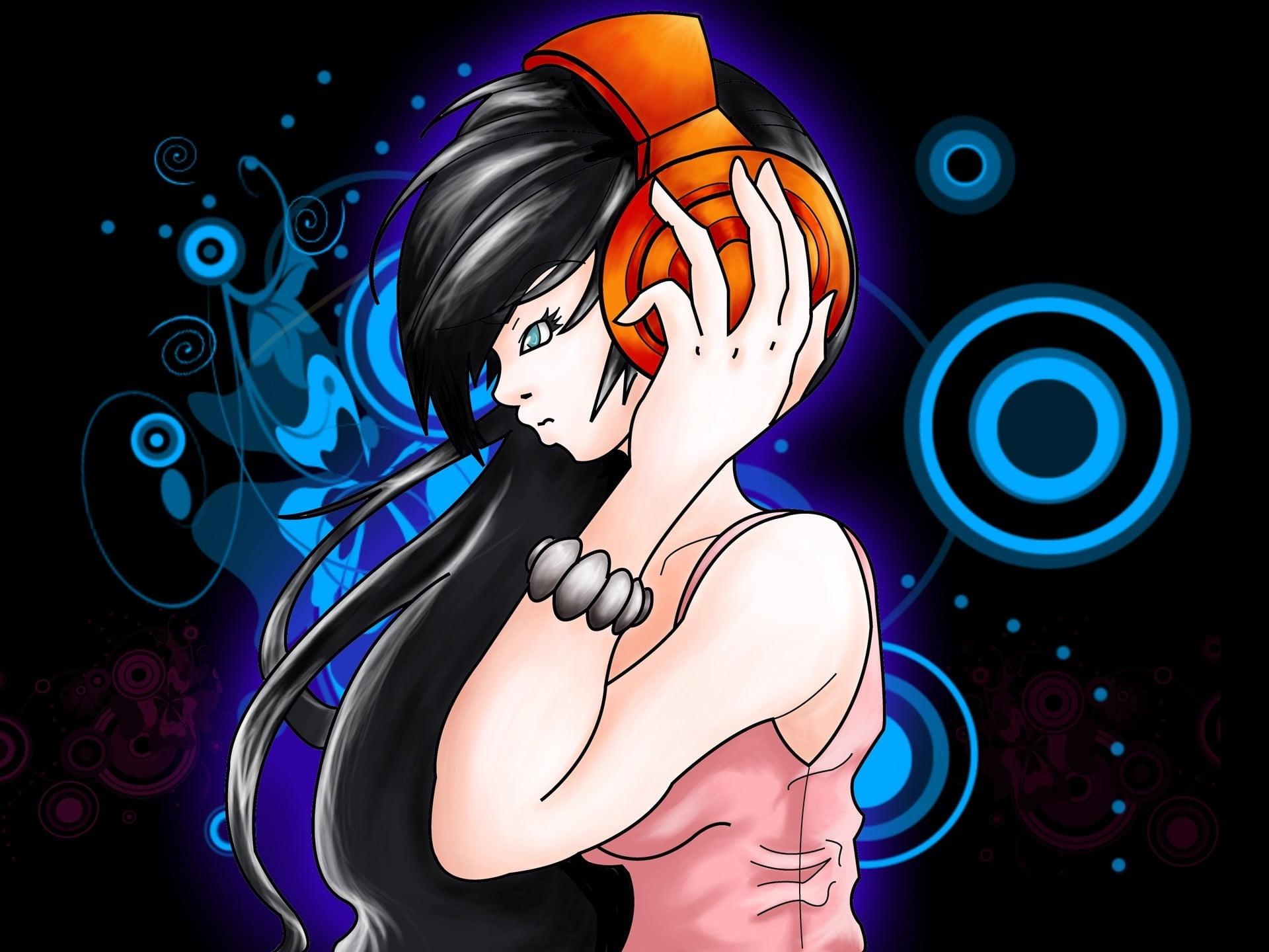 Female wearing headphones drawing, girl, brunette, headphones