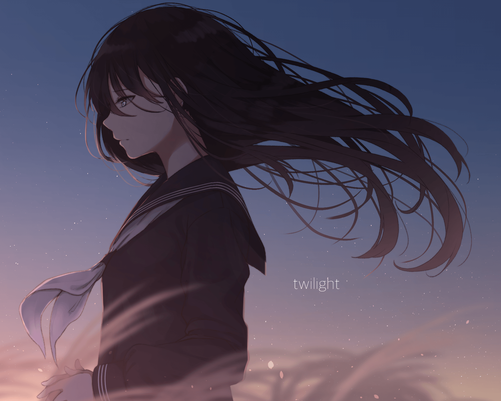 Wallpaper Anime Girl, Sad, School Uniform, Windy, Black No