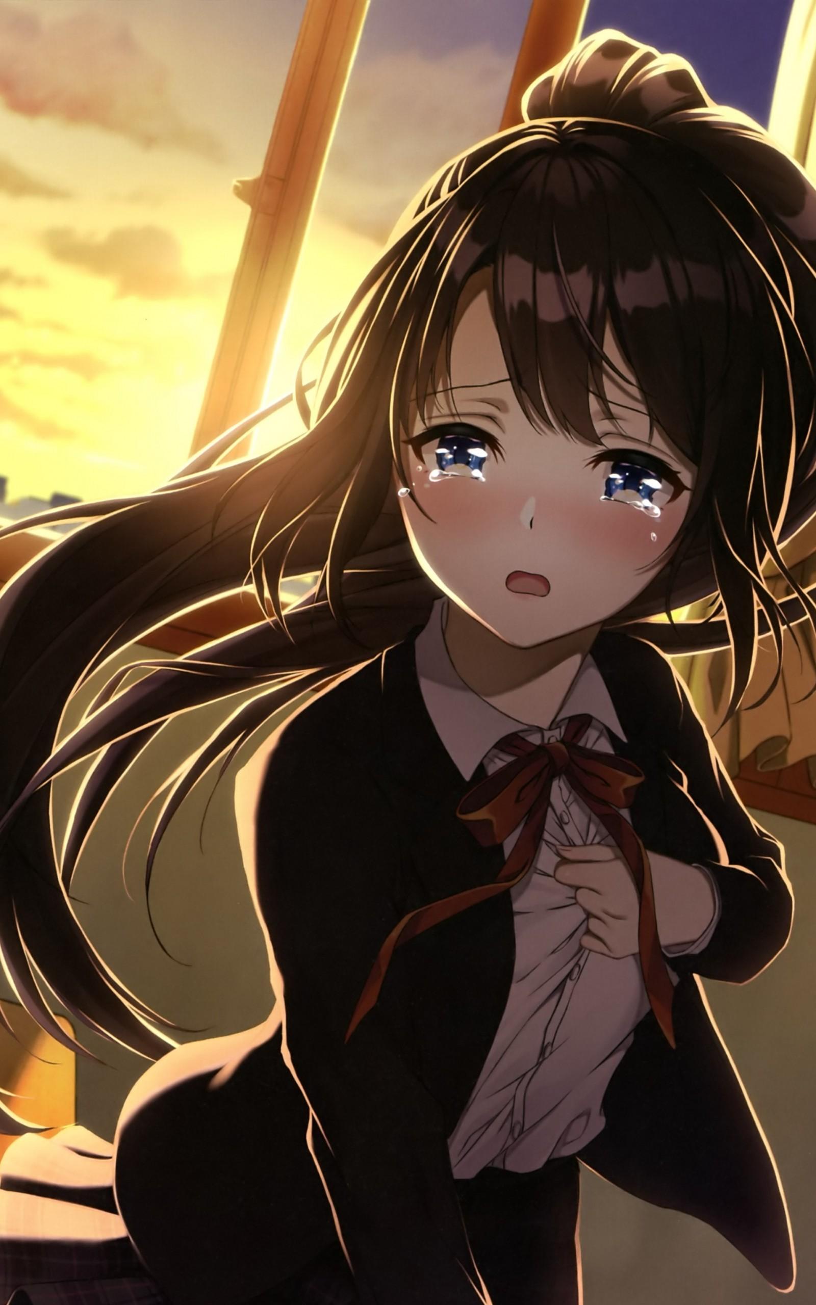 Download 1600x2560 Anime Girl, Crying, Classroom, Sad Face, Brown