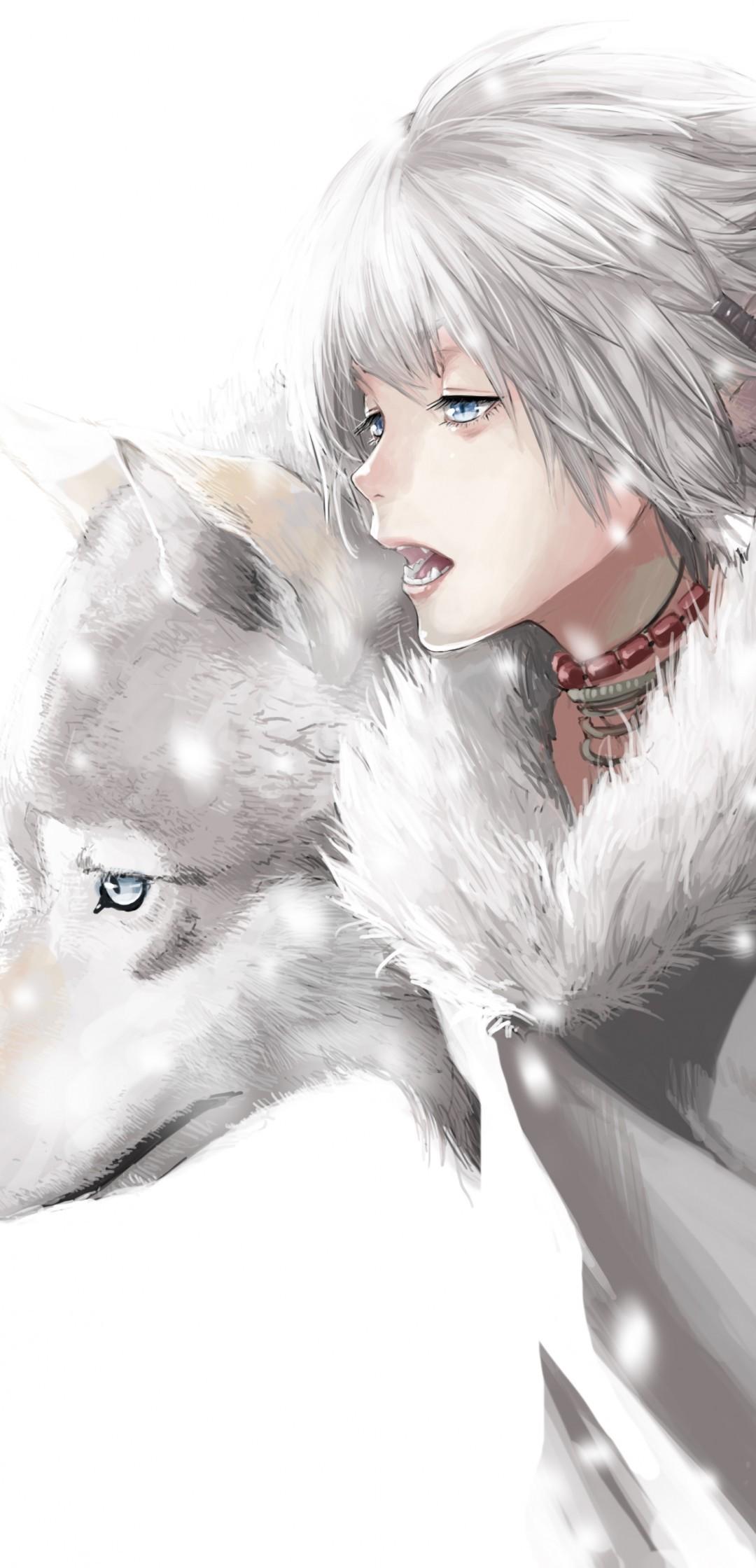 Download 1080x2240 Anime Boy, Wolf, Animal Ears, Gray Hair, Furry