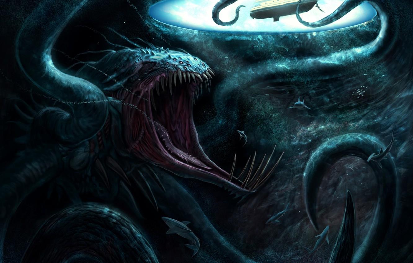 Photo Wallpaper Boat, Shark, Tentacles, Monster, Under