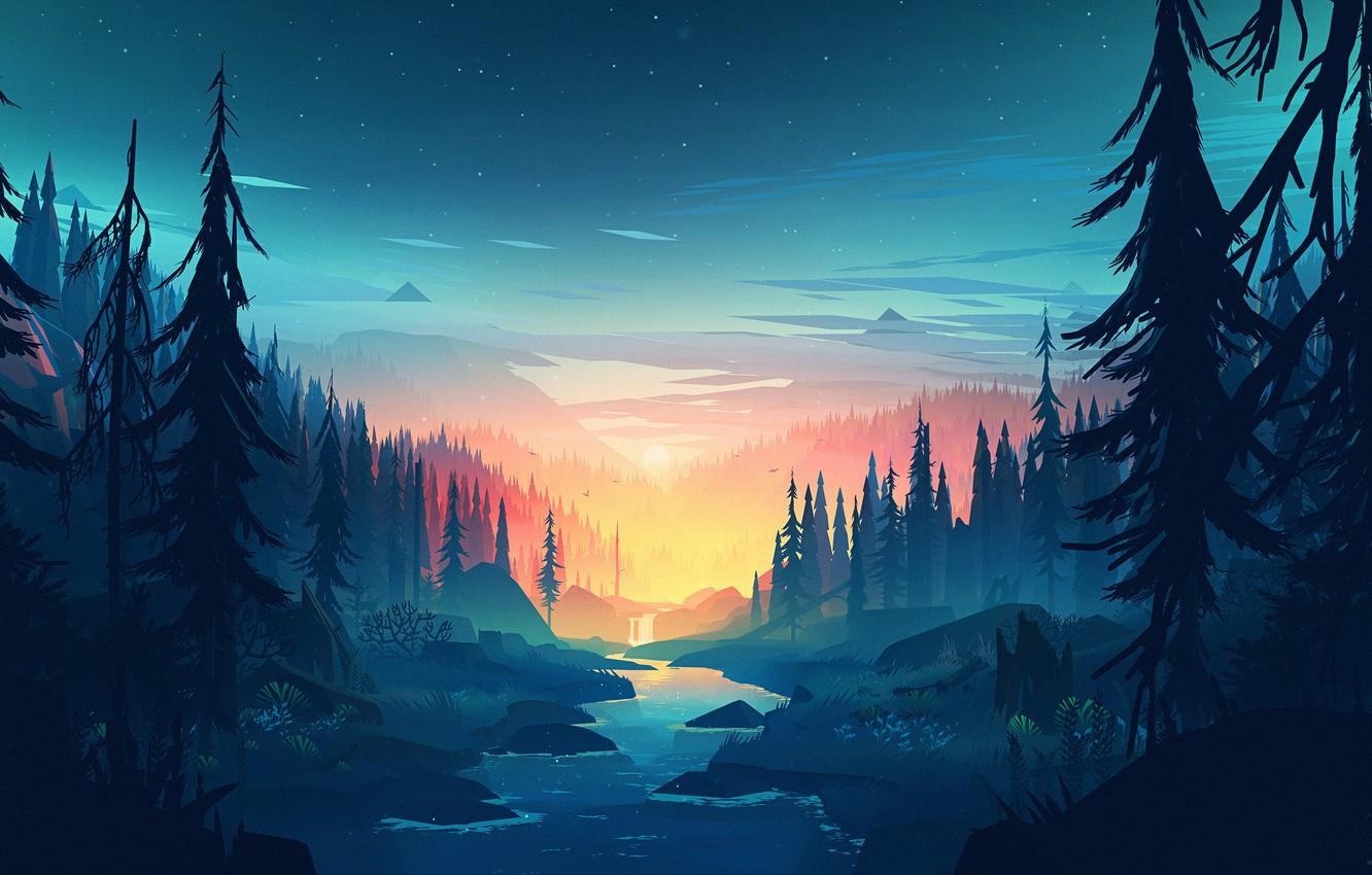 Wallpaper Sunset, The sun, Mountains, The game, River, Forest