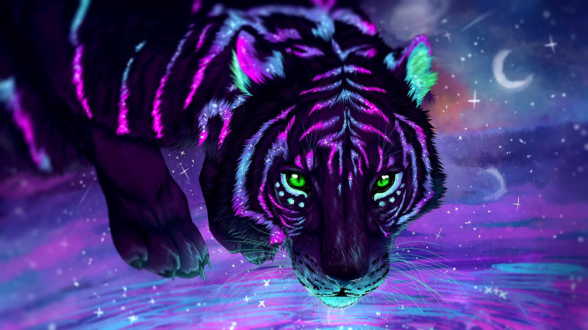 Black and purple tiger painting, digital art, tiger, stars, galaxy HD wallpaper