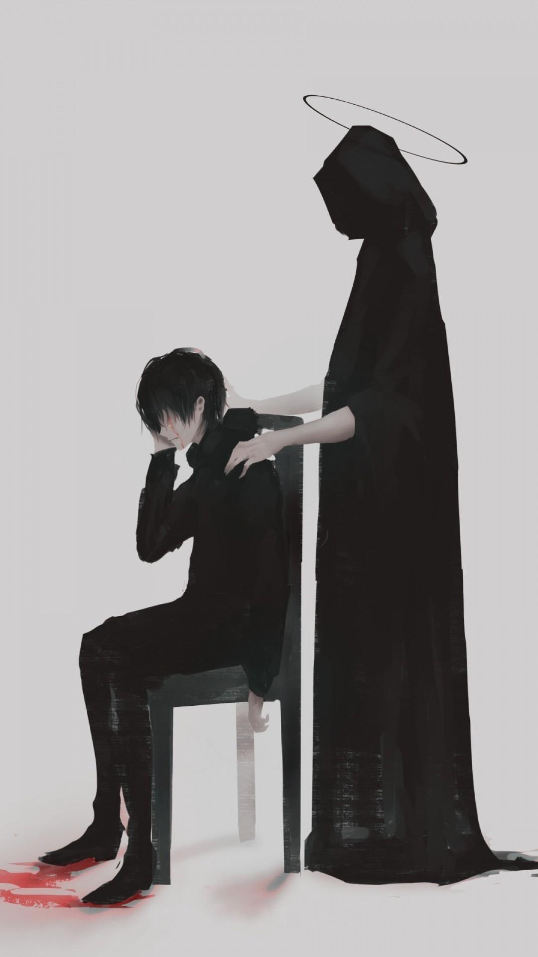 Download 1080x1920 Anime Boy, The Reaper, Sad Wallpapers for