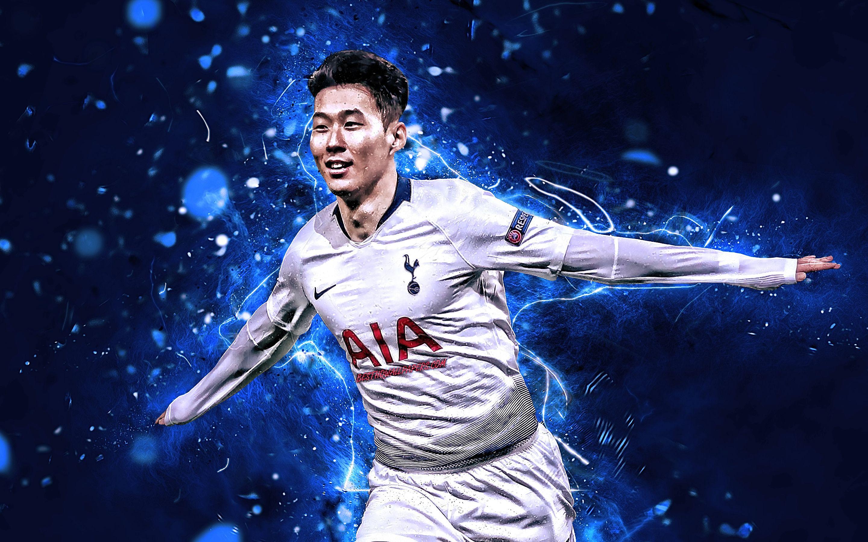 Download Wallpaper Son Heung Min, Forward, Tottenham Hotspur FC, Goal, South Korean Footballers, Soccer, Heung Min Son, Premier League, Neon Lights, Tottenham FC For Desktop With Resolution 2880x1800. High Quality HD Picture Wallpaper