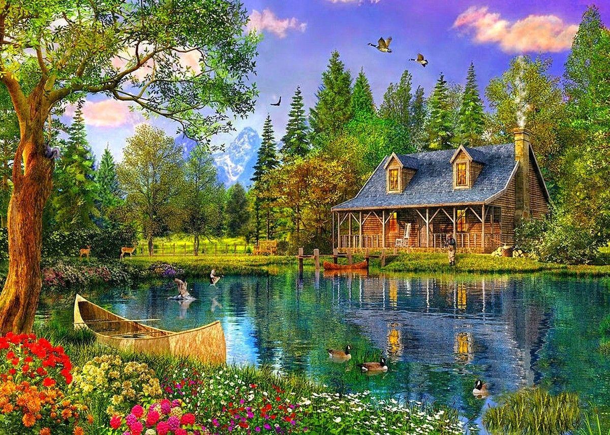 Lakes, Spring, Cottage, Flowers, Deers, Lake, Water, Trees, Boat